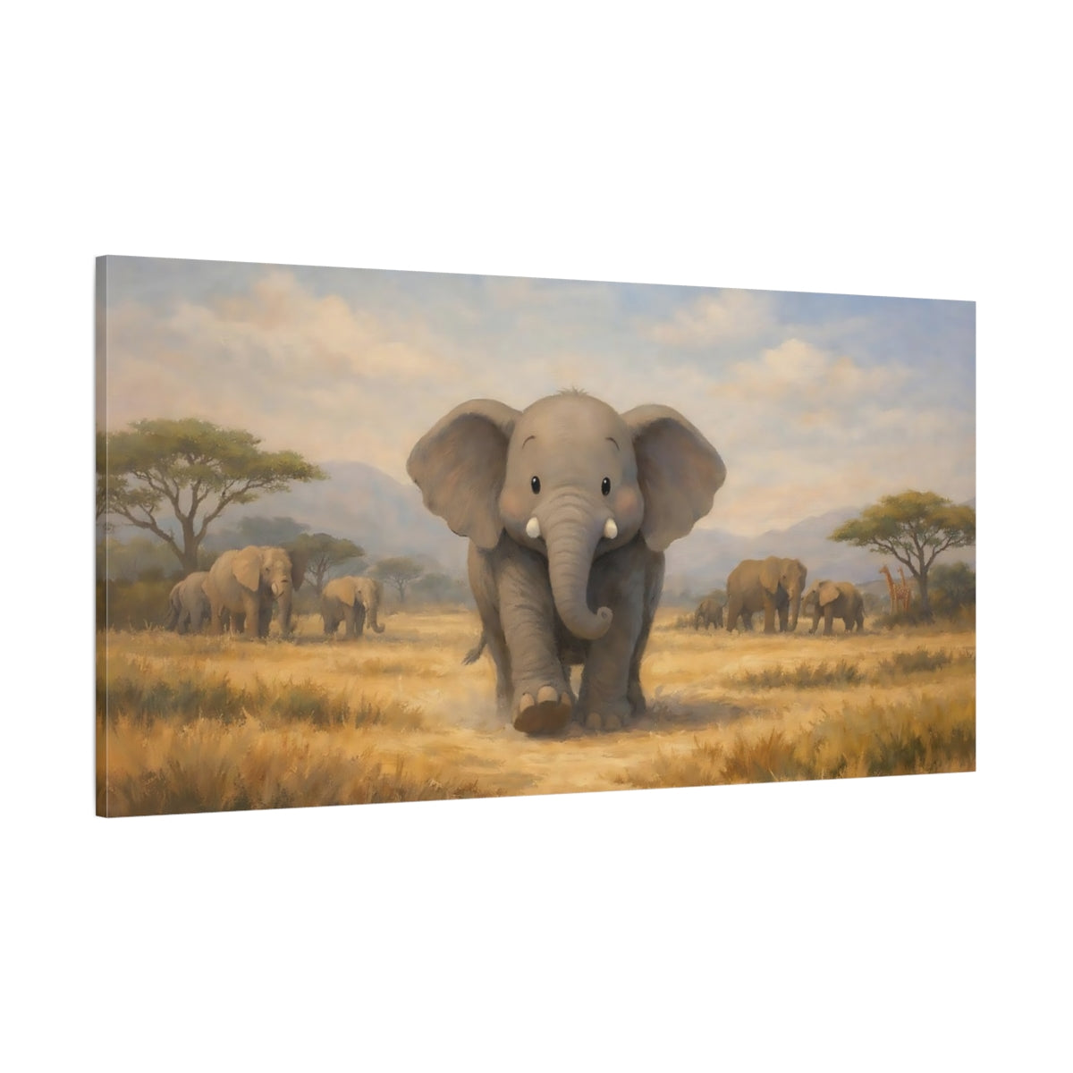 Main Mockup. Animals Baby Elephant Baby Elephant Savanna shown as stretched canvas wall art