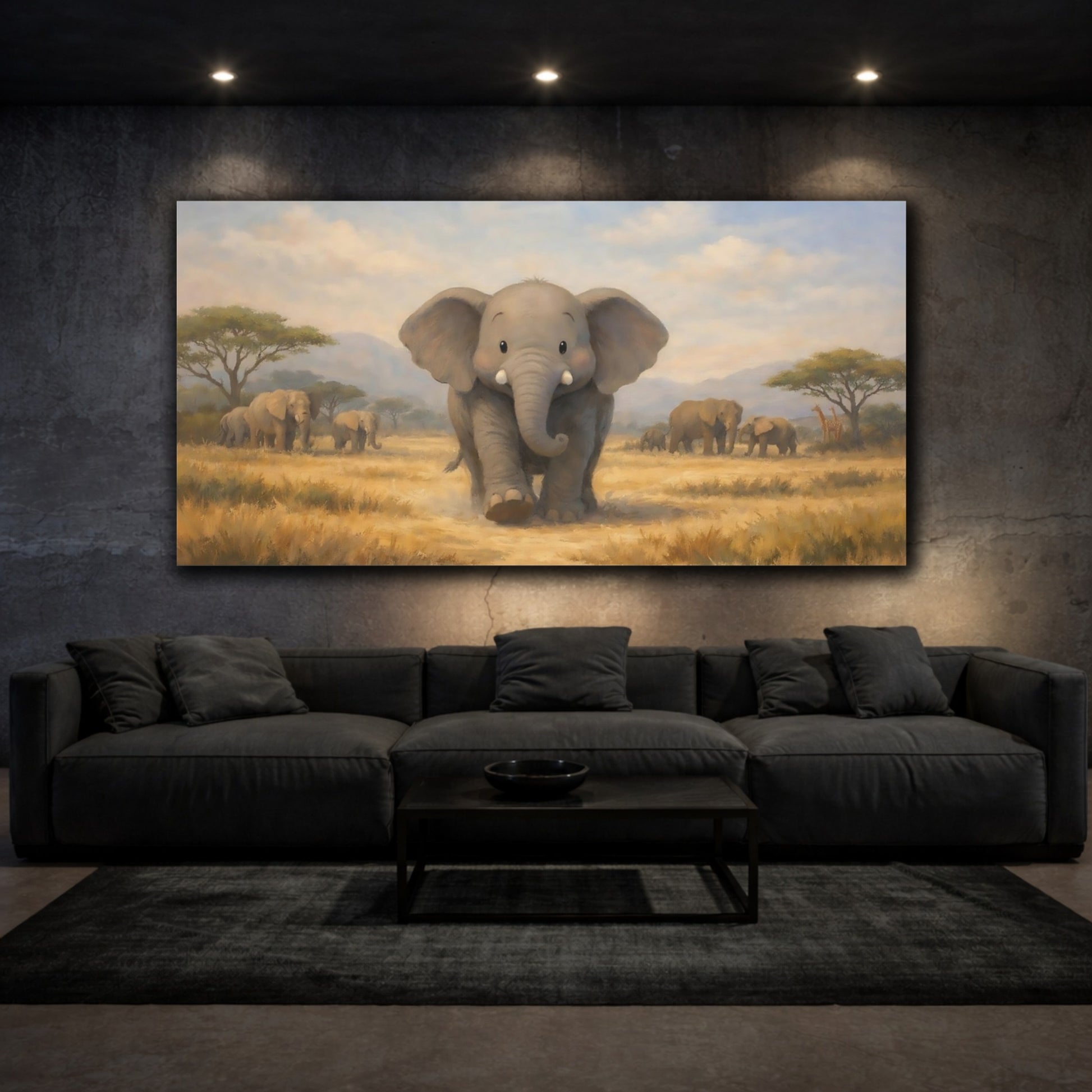 Mockup 2. Animals Baby Elephant Baby Elephant Savanna shown as stretched canvas wall art