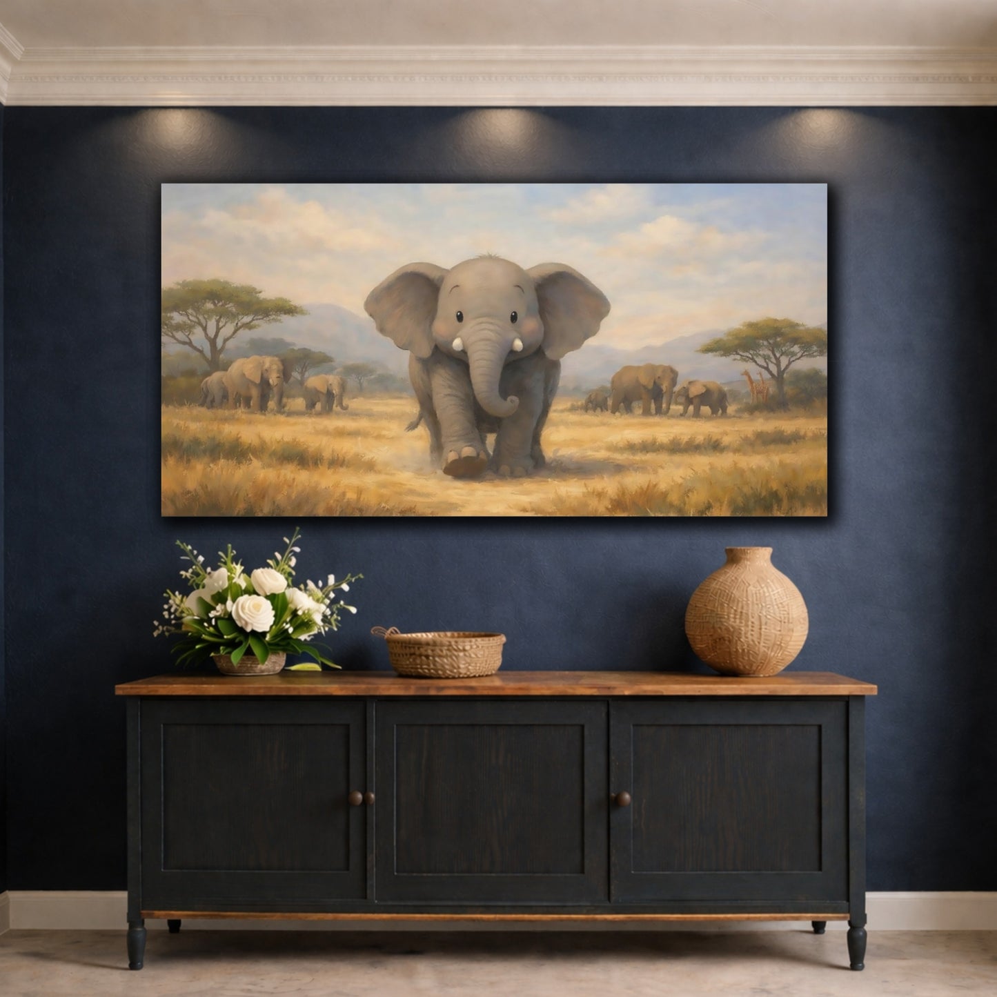 Mockup 4. Animals Baby Elephant Baby Elephant Savanna shown as stretched canvas wall art