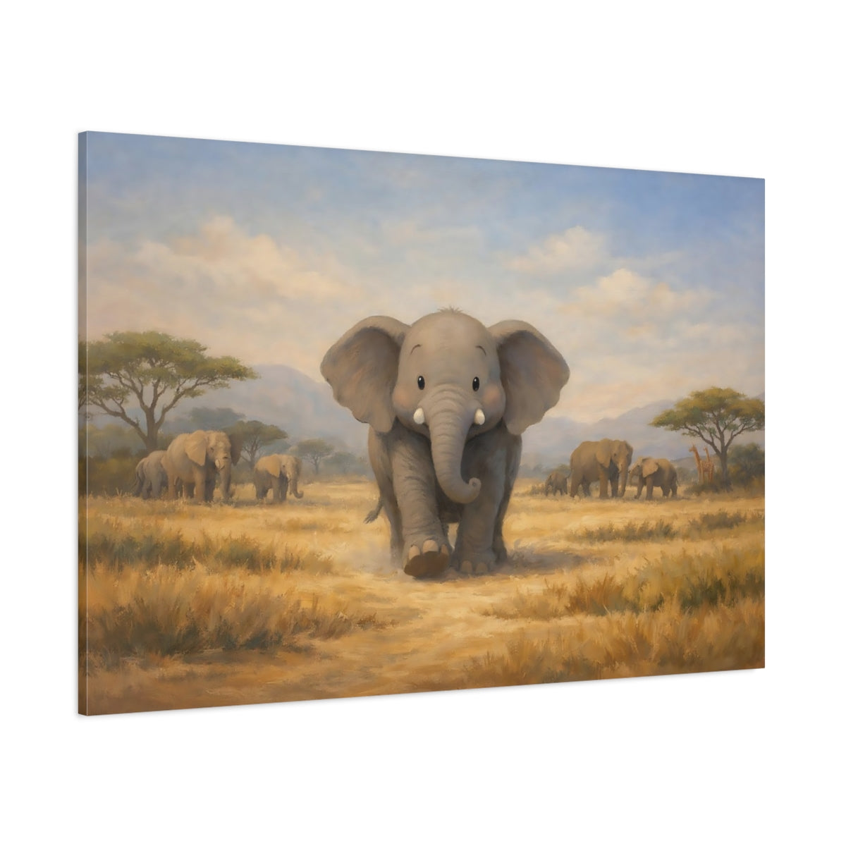 Main Mockup. Animals Baby Elephant Cute Elephant Safari shown as stretched canvas wall art