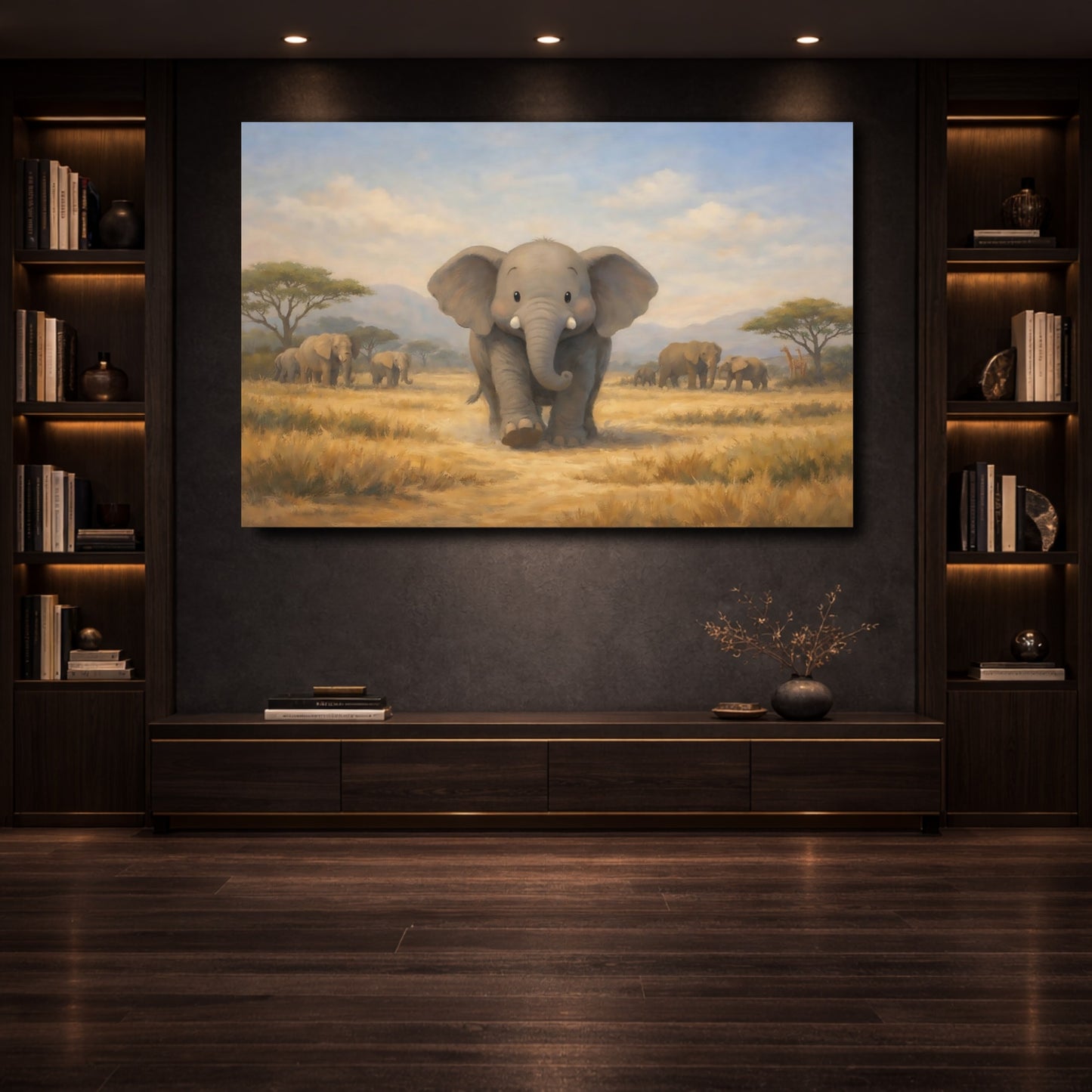 Mockup 3. Animals Baby Elephant Cute Elephant Safari shown as stretched canvas wall art