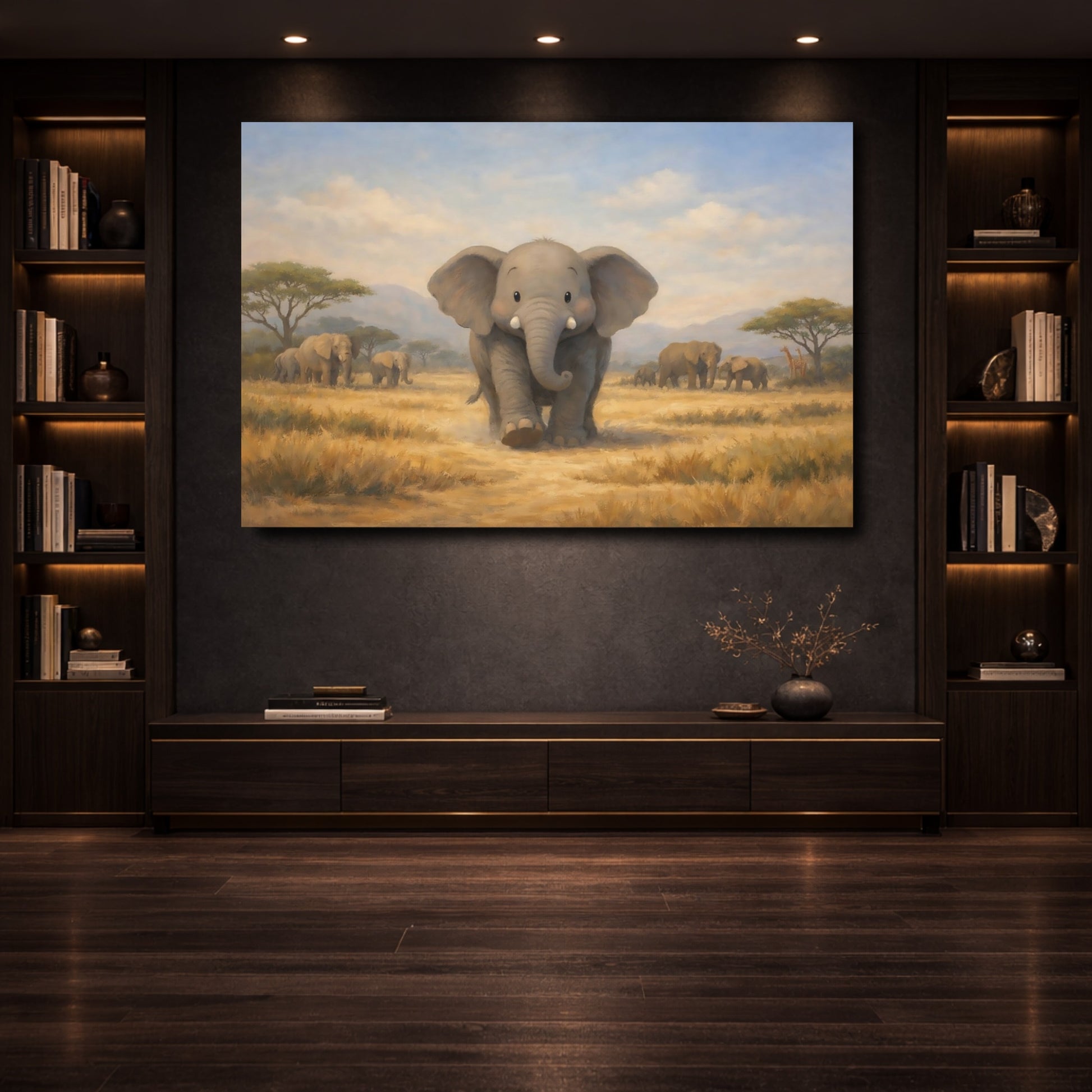 Mockup 3. Animals Baby Elephant Cute Elephant Safari shown as stretched canvas wall art