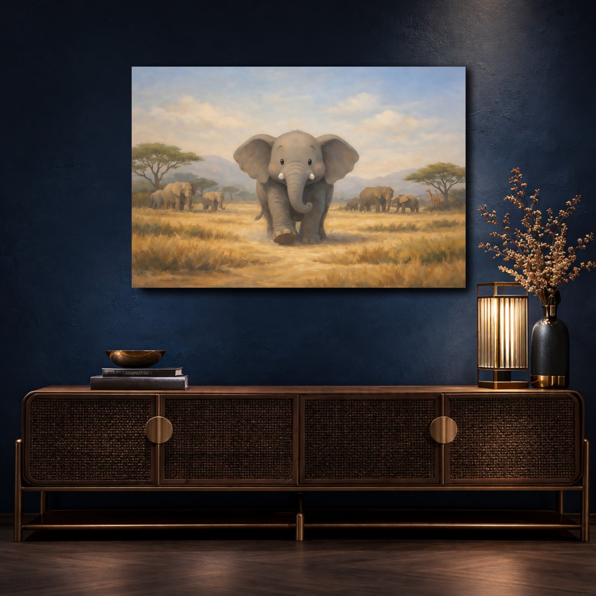 Mockup 4. Animals Baby Elephant Cute Elephant Safari shown as stretched canvas wall art