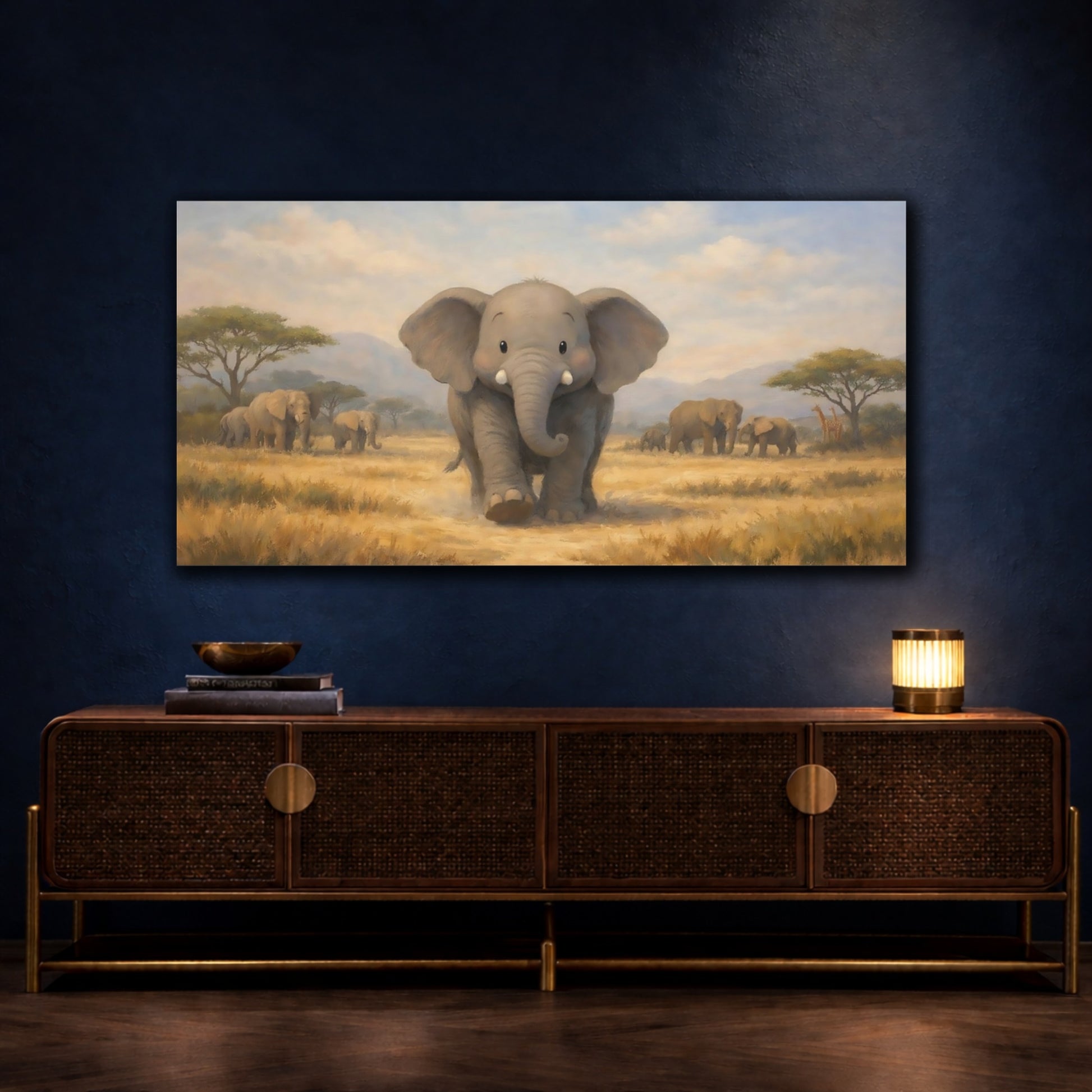 Mockup 4. Animals Baby Elephant Cute Elephant Savanna shown as stretched canvas wall art