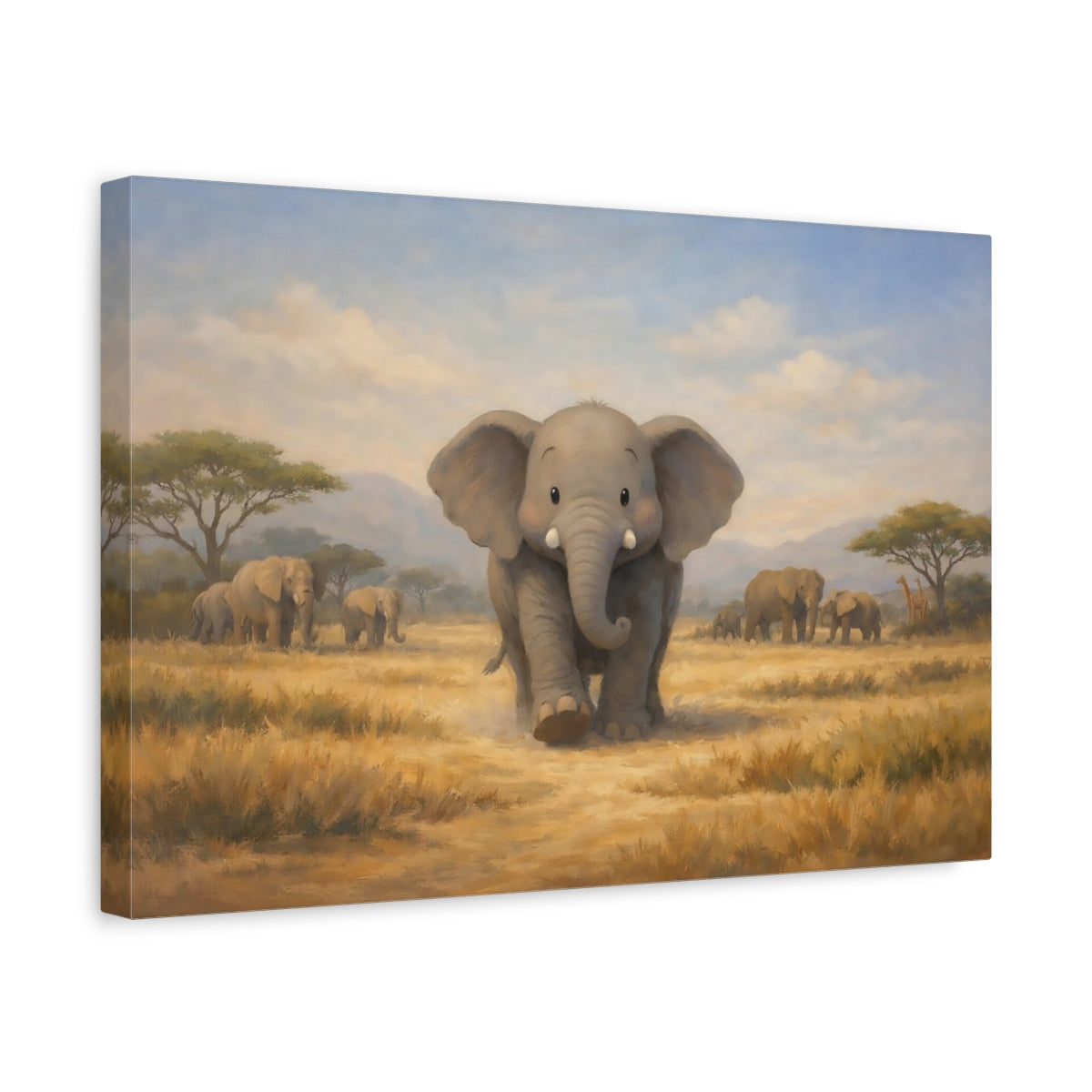 Side Mockup 4. Animals Baby Elephant Cute Elephant Safari shown as stretched canvas wall art