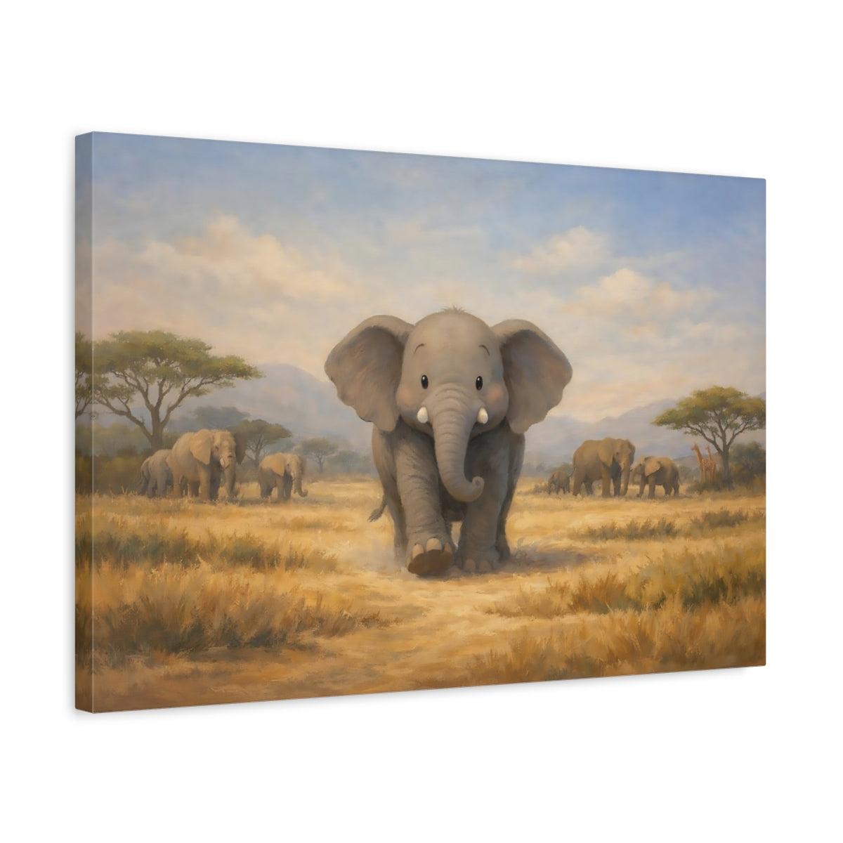 Side Mockup 3. Animals Baby Elephant Cute Elephant Safari shown as stretched canvas wall art