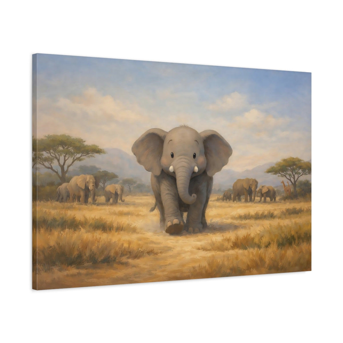 Side Mockup 1. Animals Baby Elephant Cute Elephant Safari shown as stretched canvas wall art