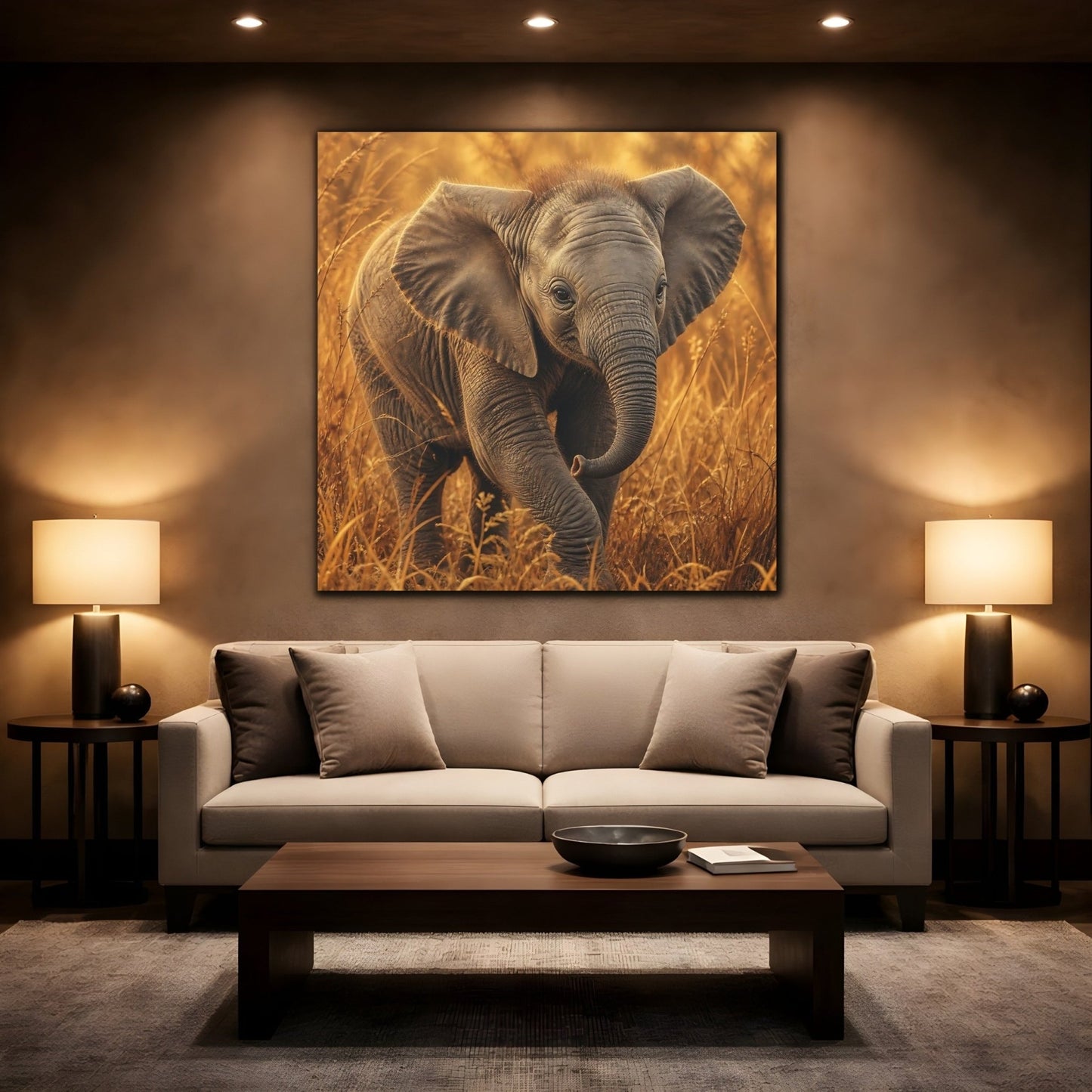Animals Baby Elephant Golden Canvas Print – realistic Nursery, Feature Wall - YesArtYes