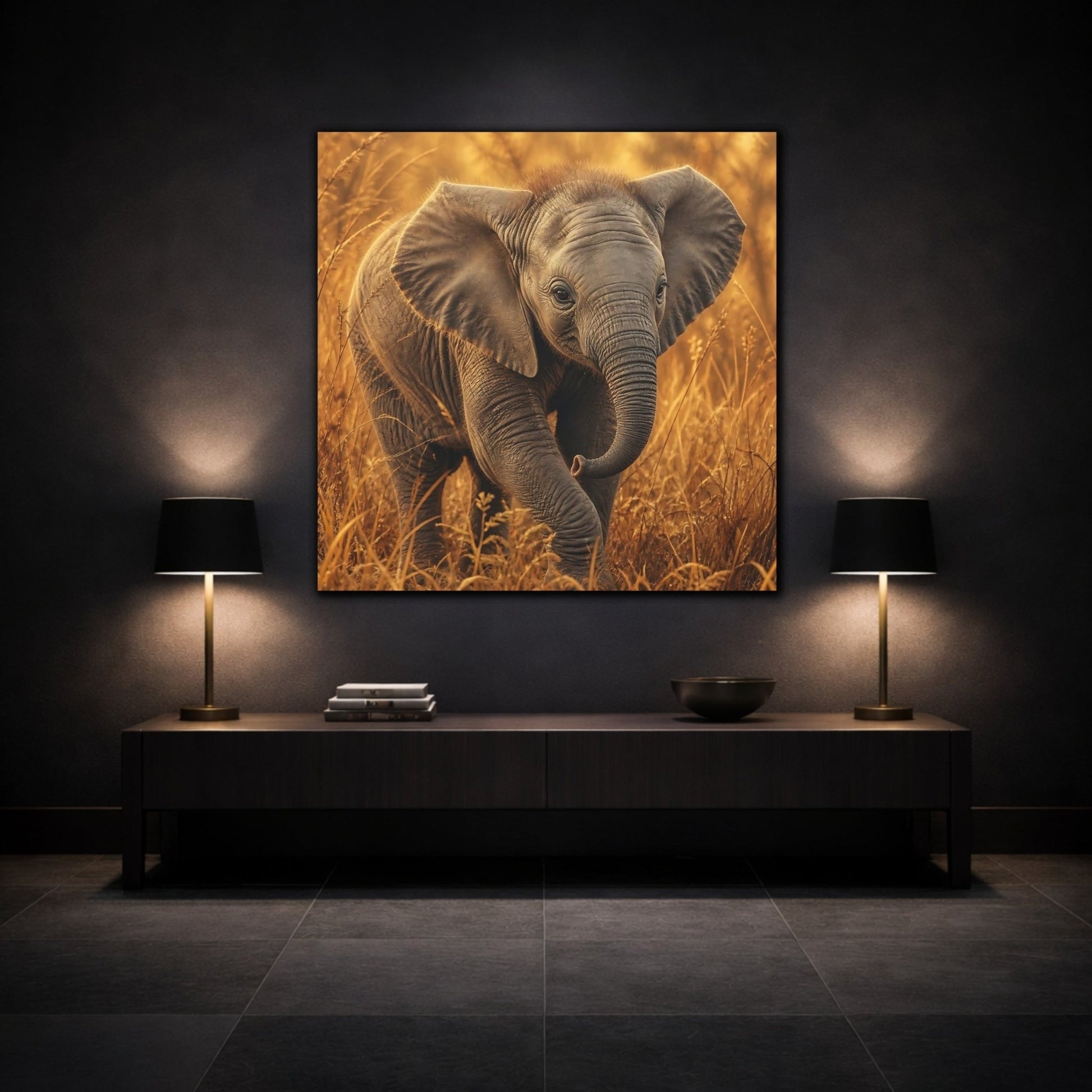 Animals Baby Elephant Golden Canvas Print – realistic Nursery, Feature Wall - YesArtYes