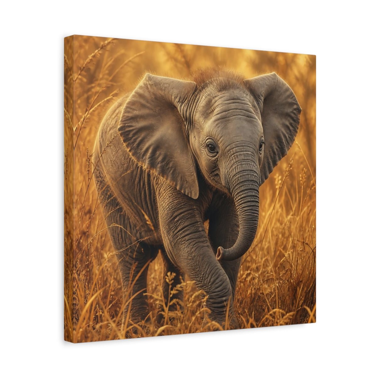 Animals Baby Elephant Golden Canvas Print – realistic Nursery, Feature Wall - YesArtYes