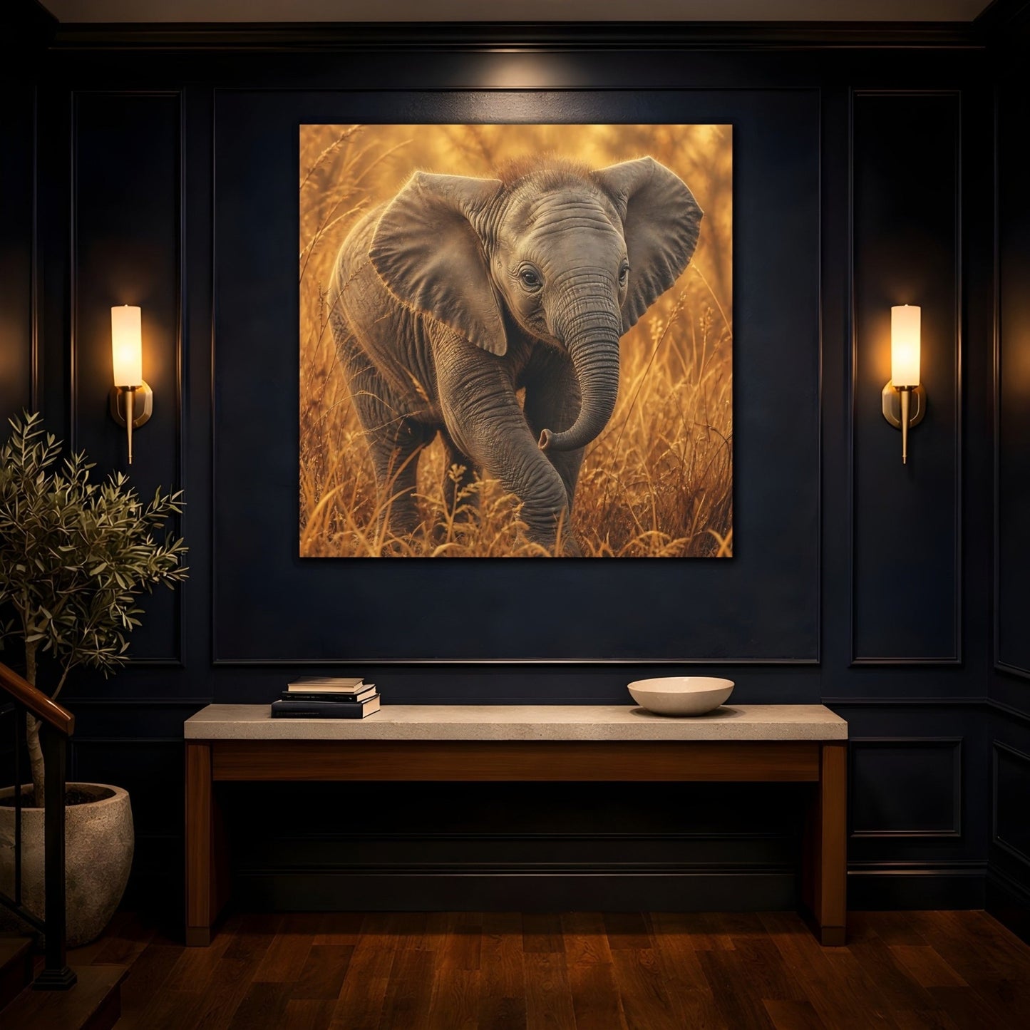 Animals Baby Elephant Golden Canvas Print – realistic Nursery, Feature Wall - YesArtYes