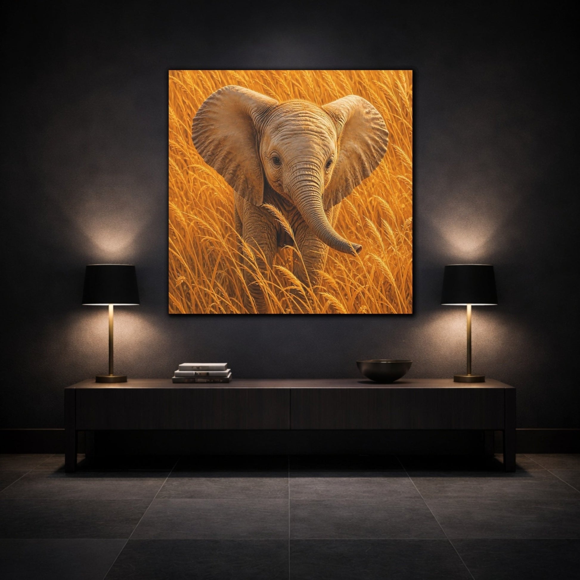 Animals Baby Elephant Golden Canvas Print – Realistic Nursery, Gallery Wall - YesArtYes