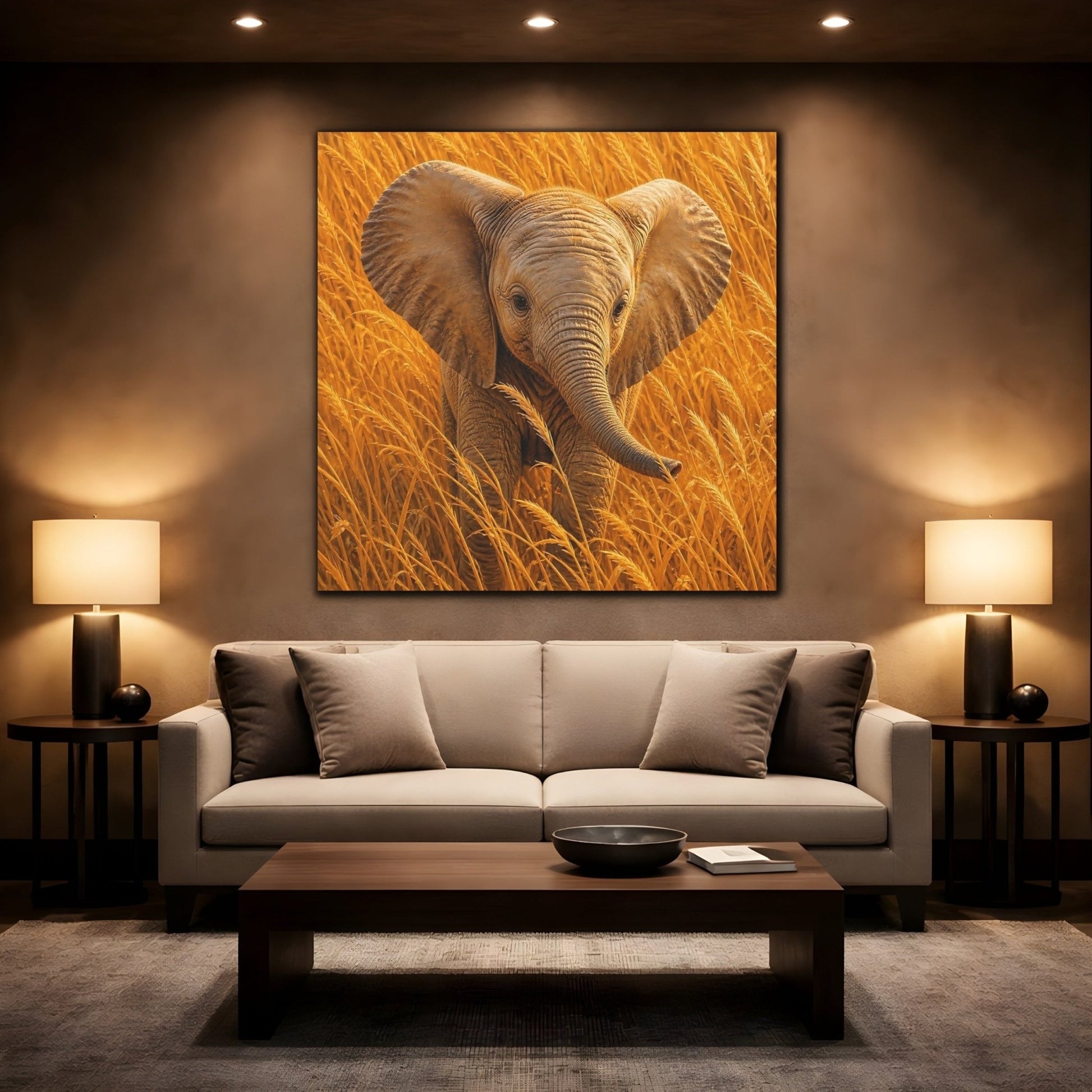 Animals Baby Elephant Golden Canvas Print – Realistic Nursery, Gallery Wall - YesArtYes