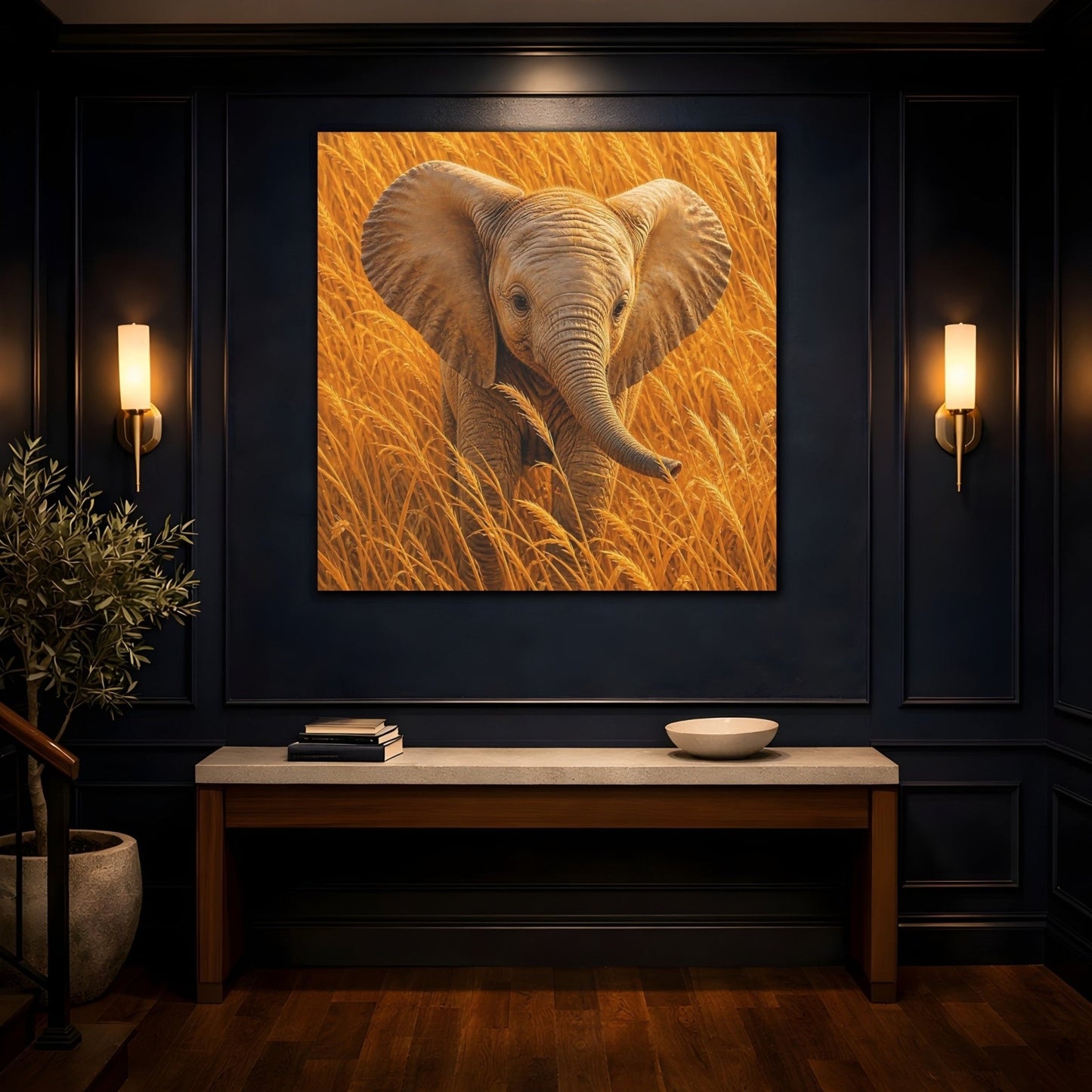 Animals Baby Elephant Golden Canvas Print – Realistic Nursery, Gallery Wall - YesArtYes