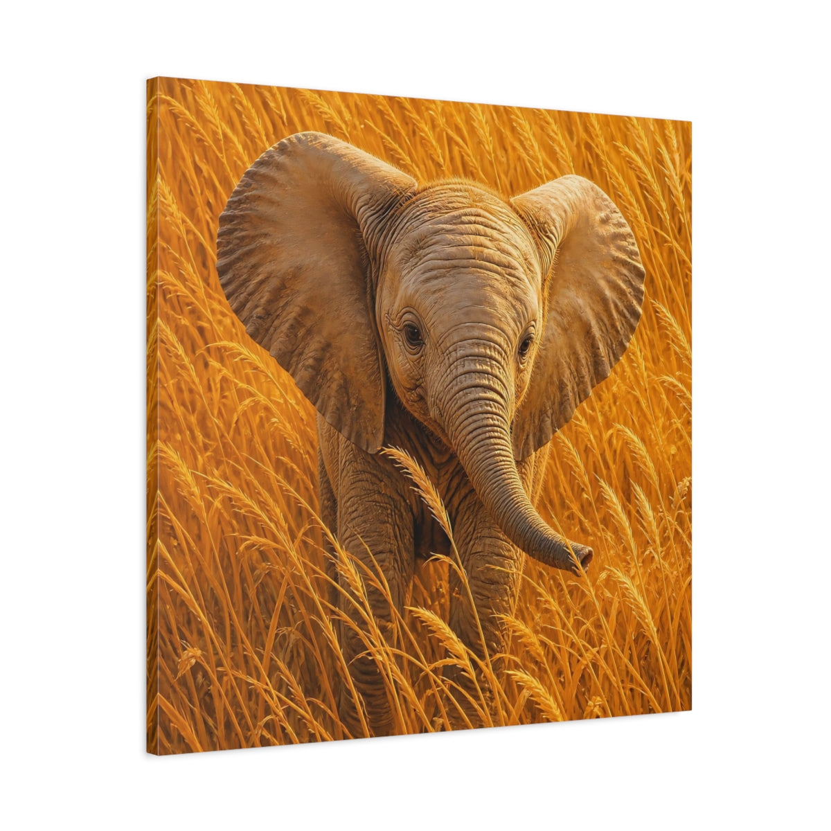 Side Mockup 3. Animals Baby Elephant Golden Elephant shown as canvas print