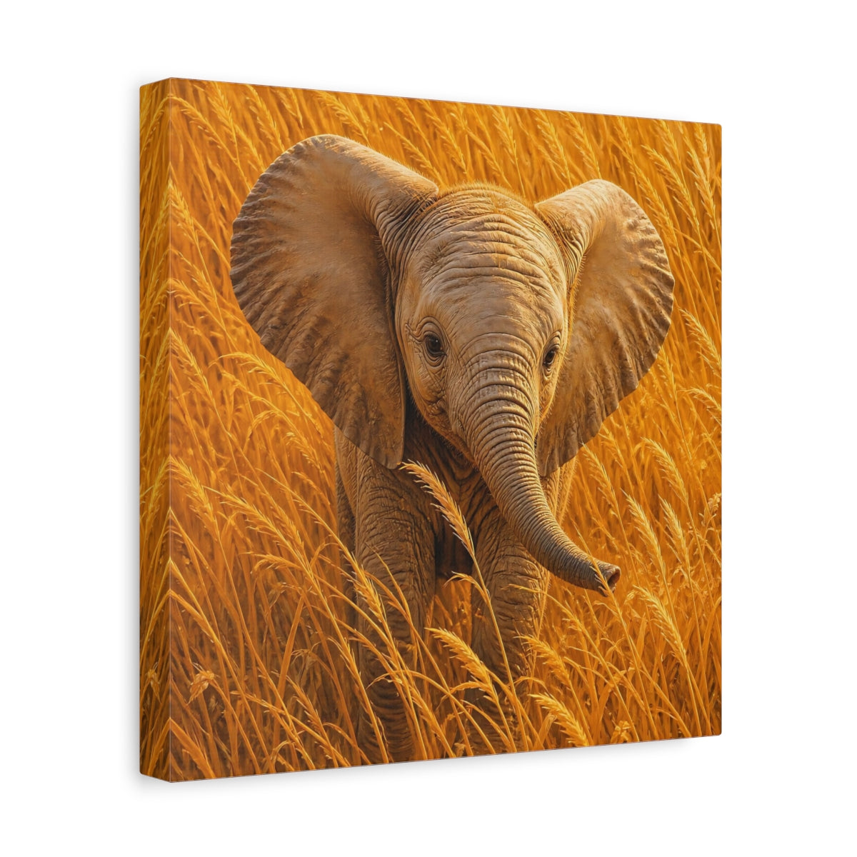 Side Mockup 8. Animals Baby Elephant Golden Elephant shown as canvas print