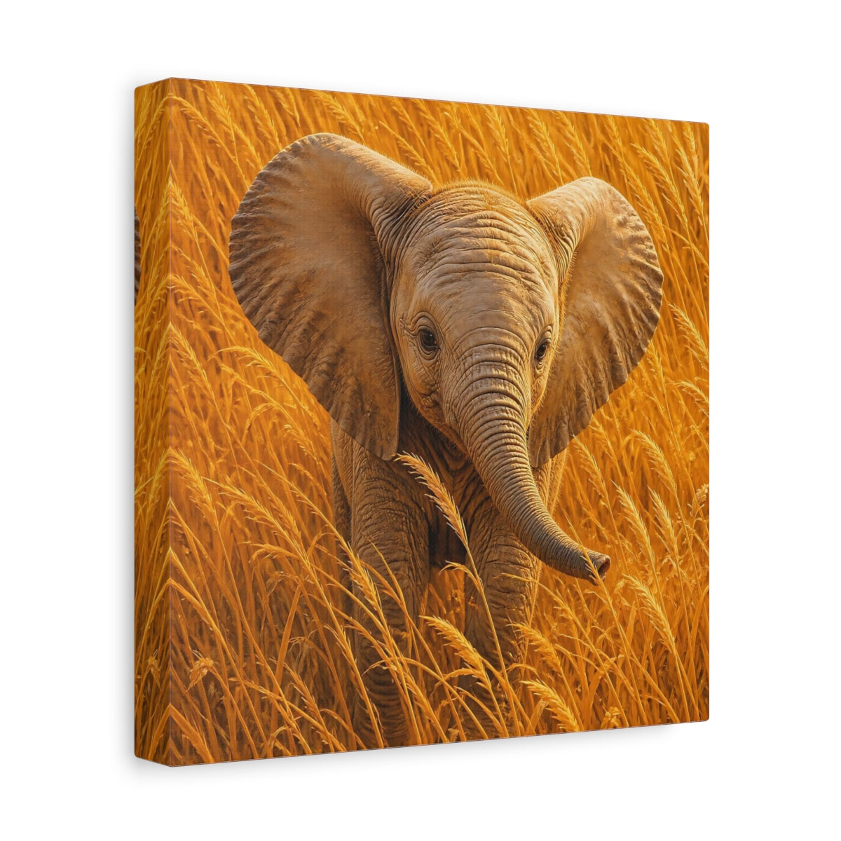 Side Mockup 9. Animals Baby Elephant Golden Elephant shown as canvas print