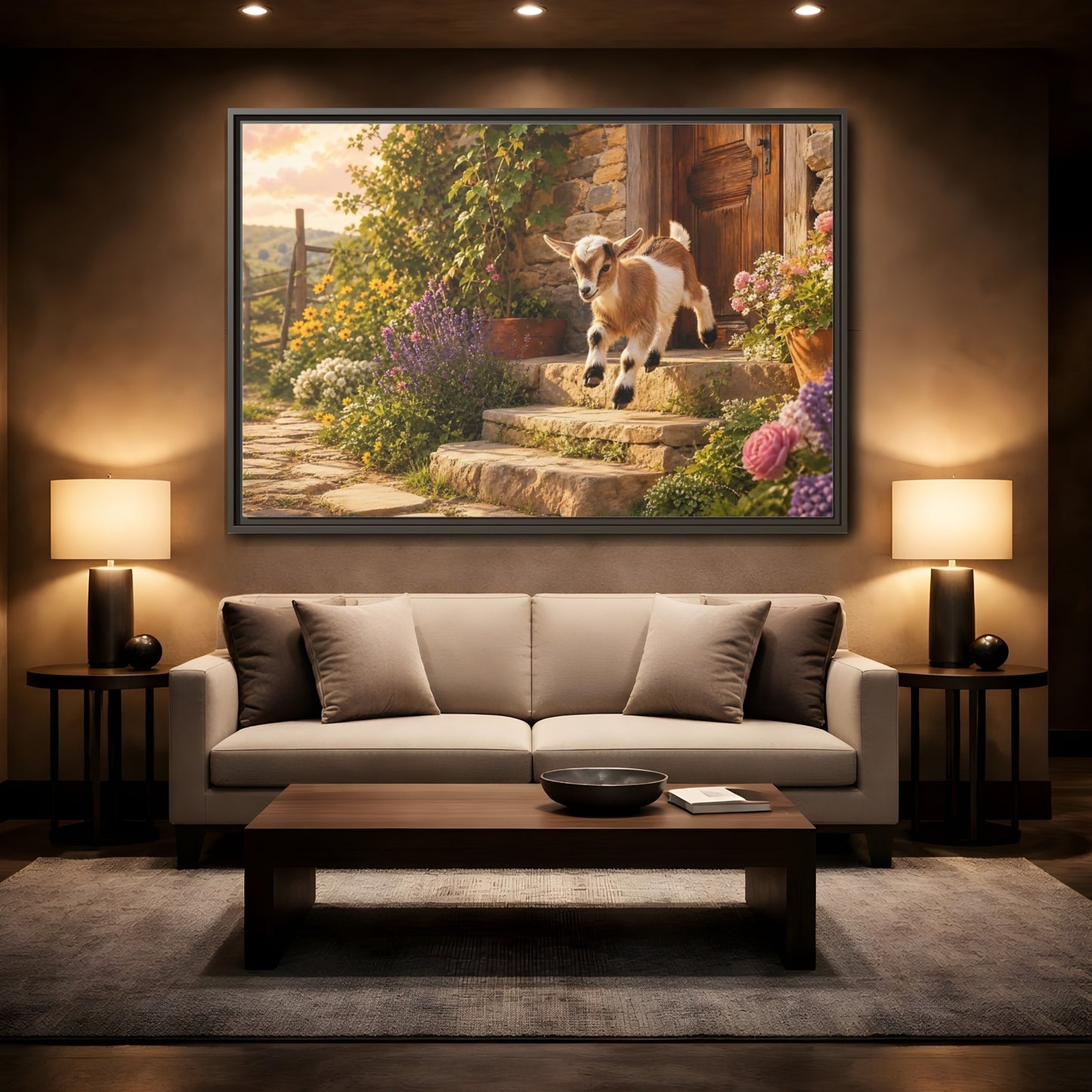 Mockup 2. Animals Baby Goat Baby Goat Farmhouse shown as stretched canvas wall art