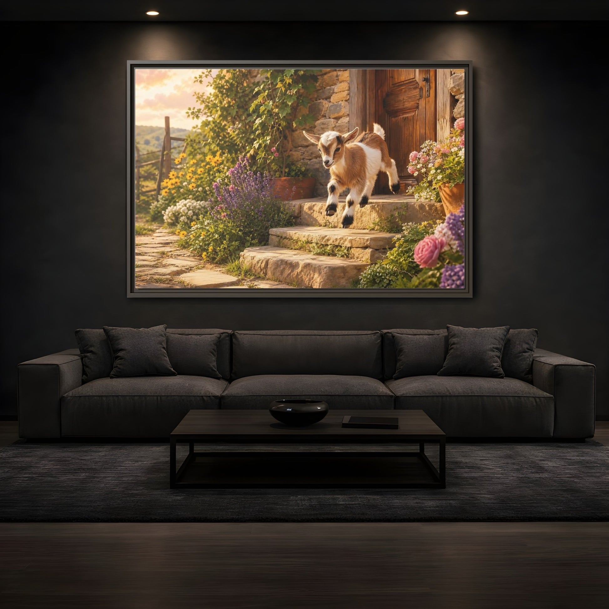 Mockup 3. Animals Baby Goat Baby Goat Farmhouse shown as stretched canvas wall art