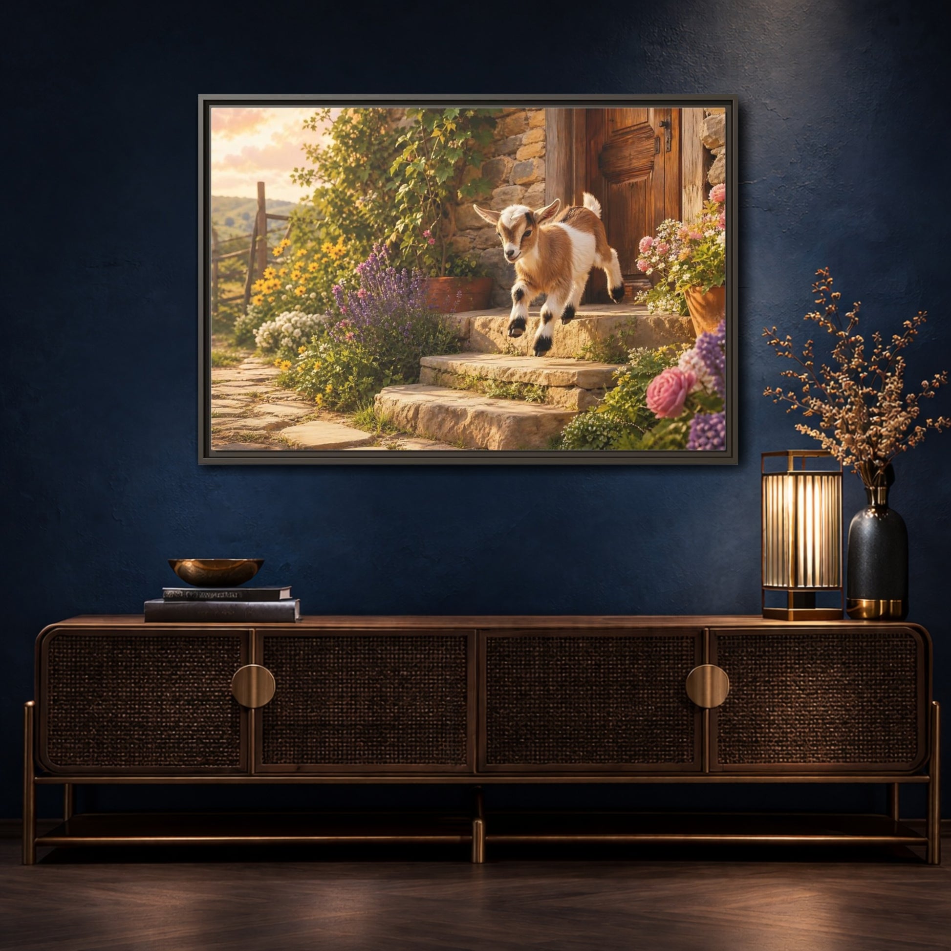 Mockup 4. Animals Baby Goat Baby Goat Farmhouse shown as stretched canvas wall art