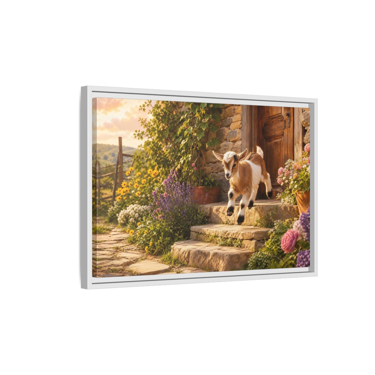Side Mockup 1. Animals Baby Goat Baby Goat Farmhouse shown as stretched canvas wall art
