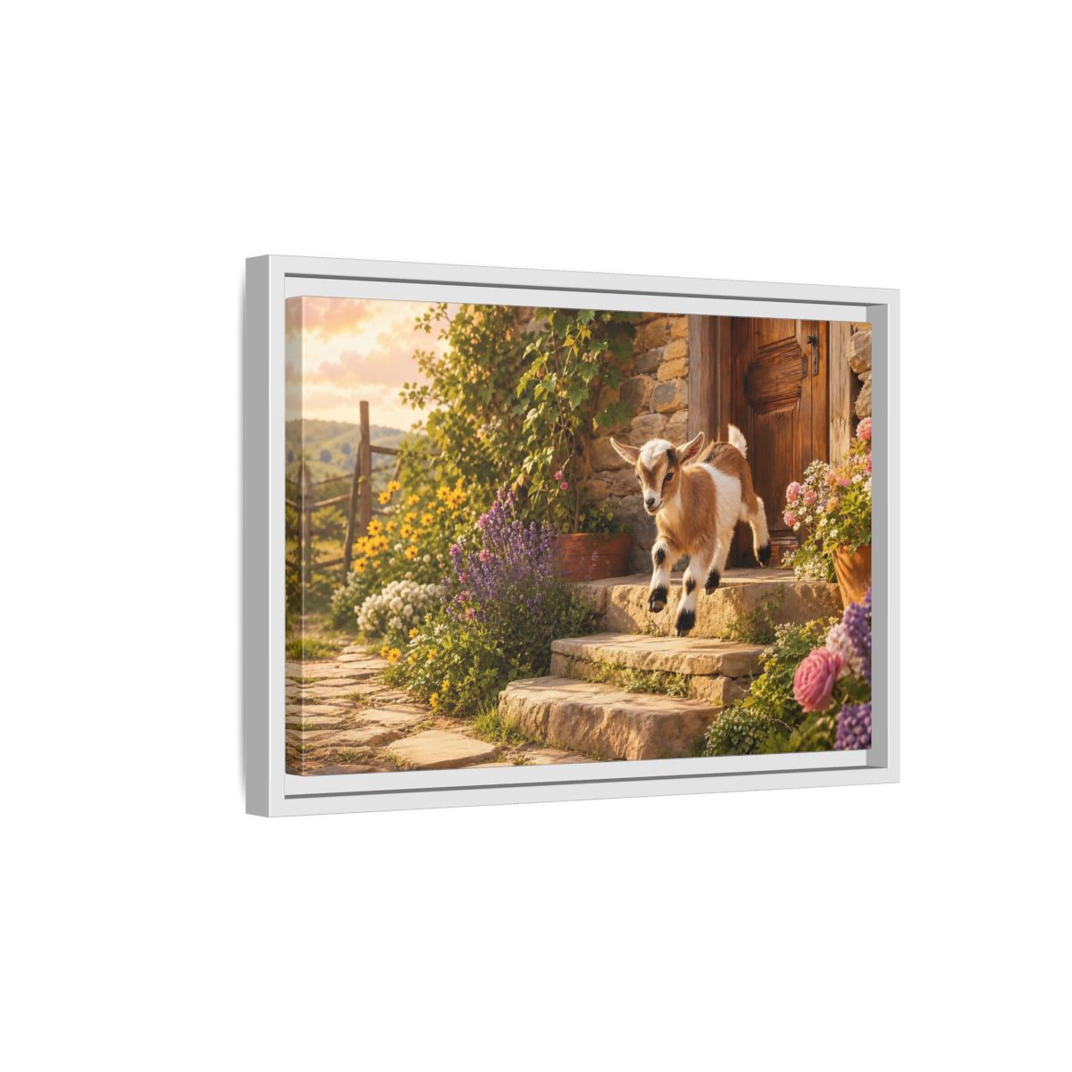 Side Mockup 4. Animals Baby Goat Baby Goat Farmhouse shown as stretched canvas wall art