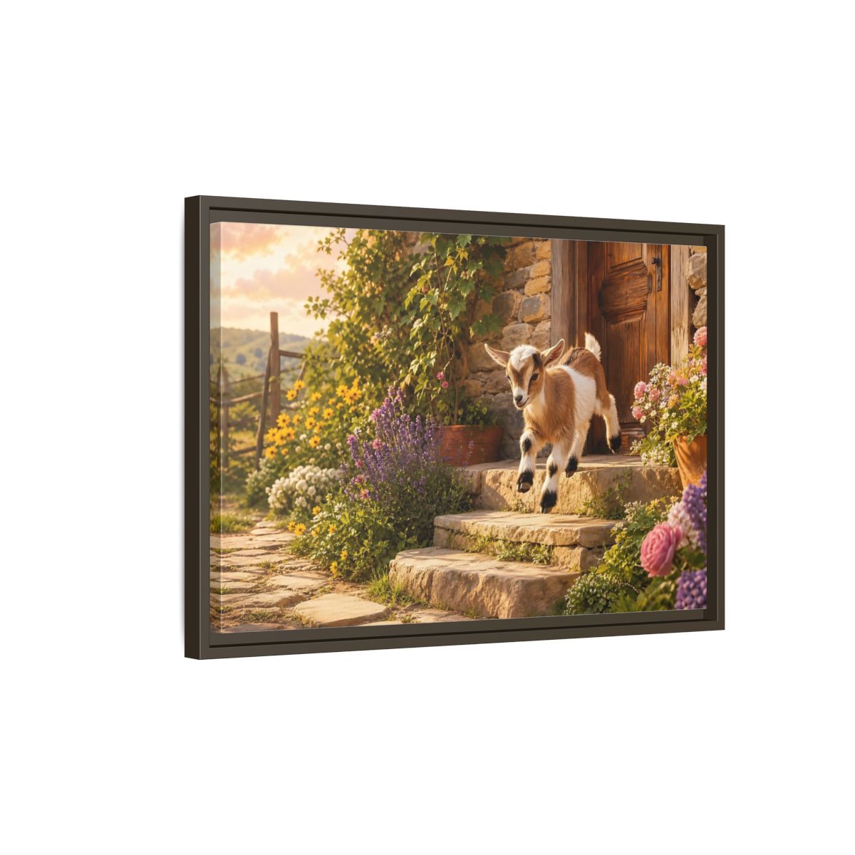 Side Mockup 2. Animals Baby Goat Baby Goat Farmhouse shown as stretched canvas wall art