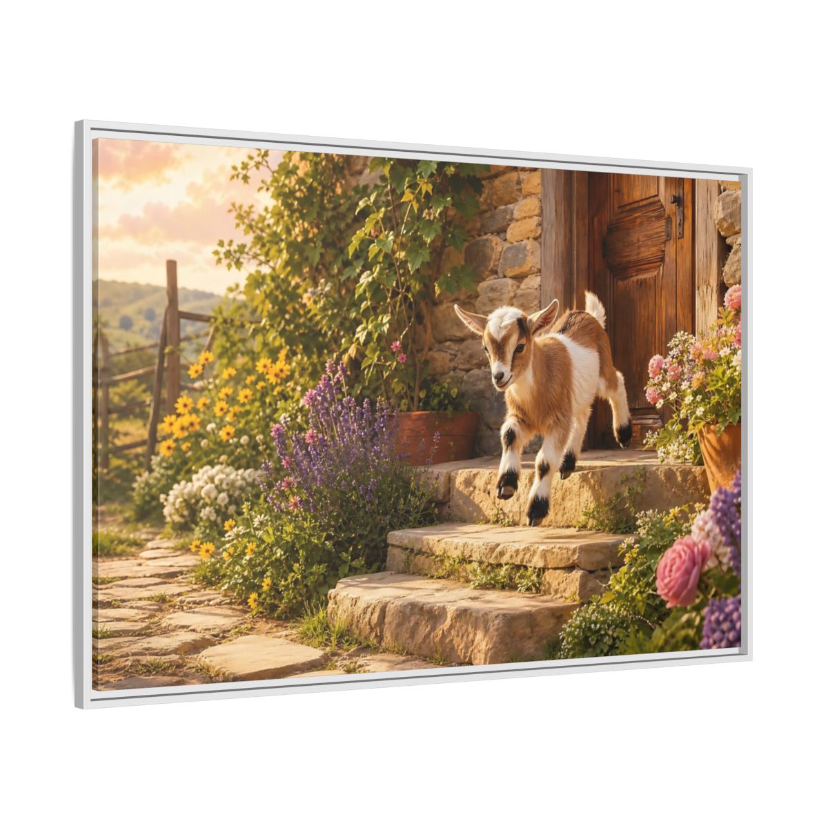 Side Mockup 7. Animals Baby Goat Baby Goat Farmhouse shown as stretched canvas wall art