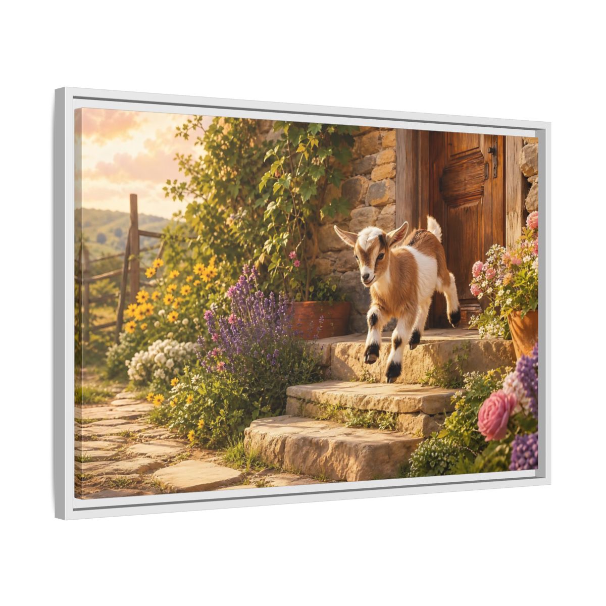 Side Mockup 10. Animals Baby Goat Baby Goat Farmhouse shown as stretched canvas wall art