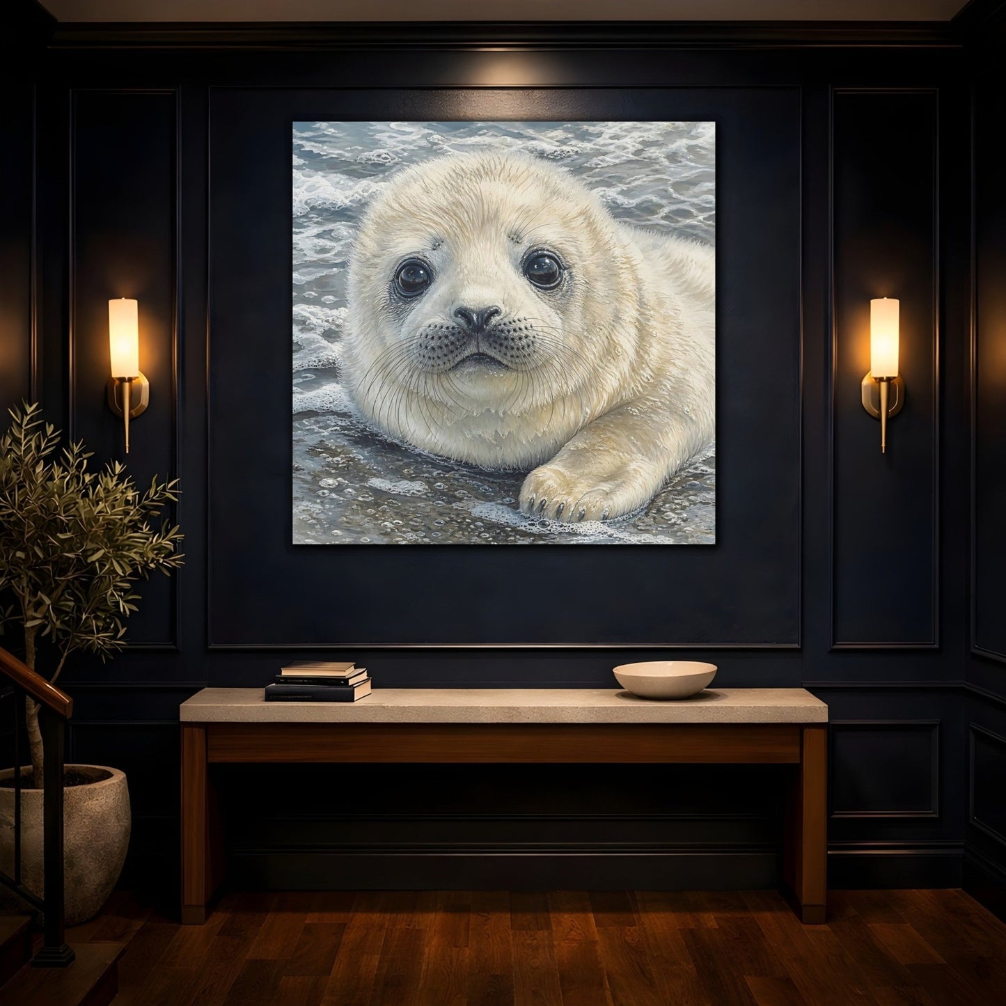 Animals Baby Seal Cute Canvas Print – Nursery, Statement Wall, Cream and Grey - YesArtYes