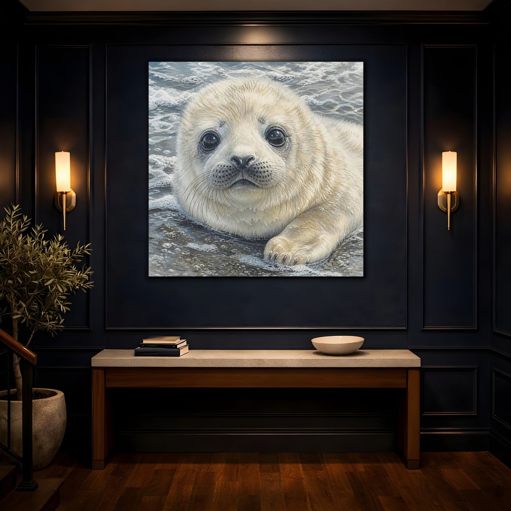 Animals Baby Seal Cute Canvas Print – Nursery, Statement Wall, Cream and Grey - YesArtYes