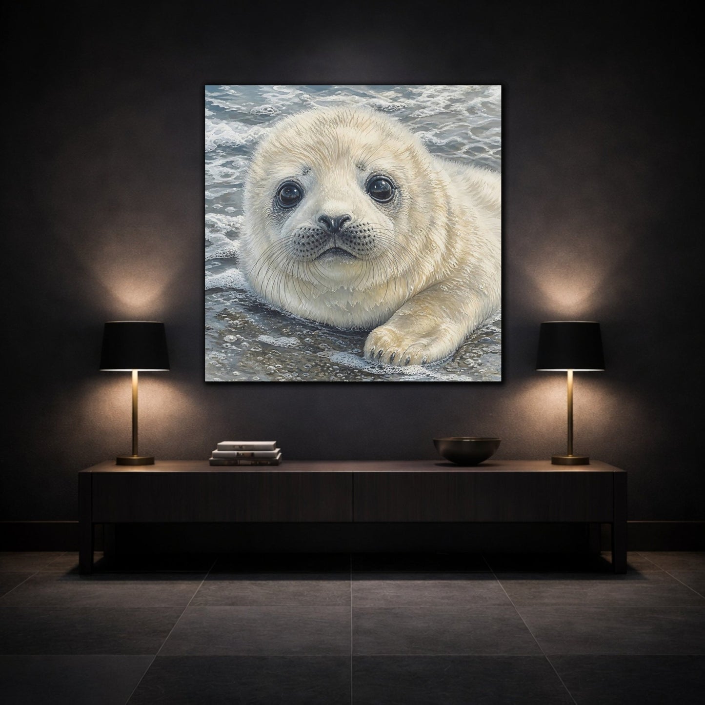 Animals Baby Seal Cute Canvas Print – Nursery, Statement Wall, Cream and Grey - YesArtYes