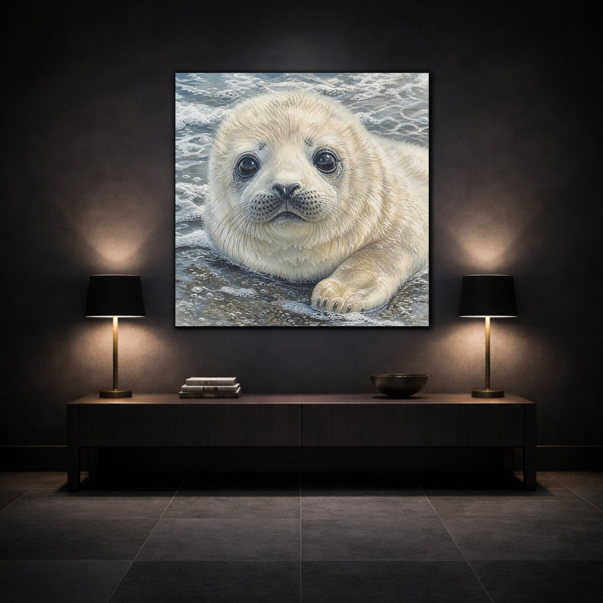 Animals Baby Seal Cute Canvas Print – Nursery, Statement Wall, Cream and Grey - YesArtYes