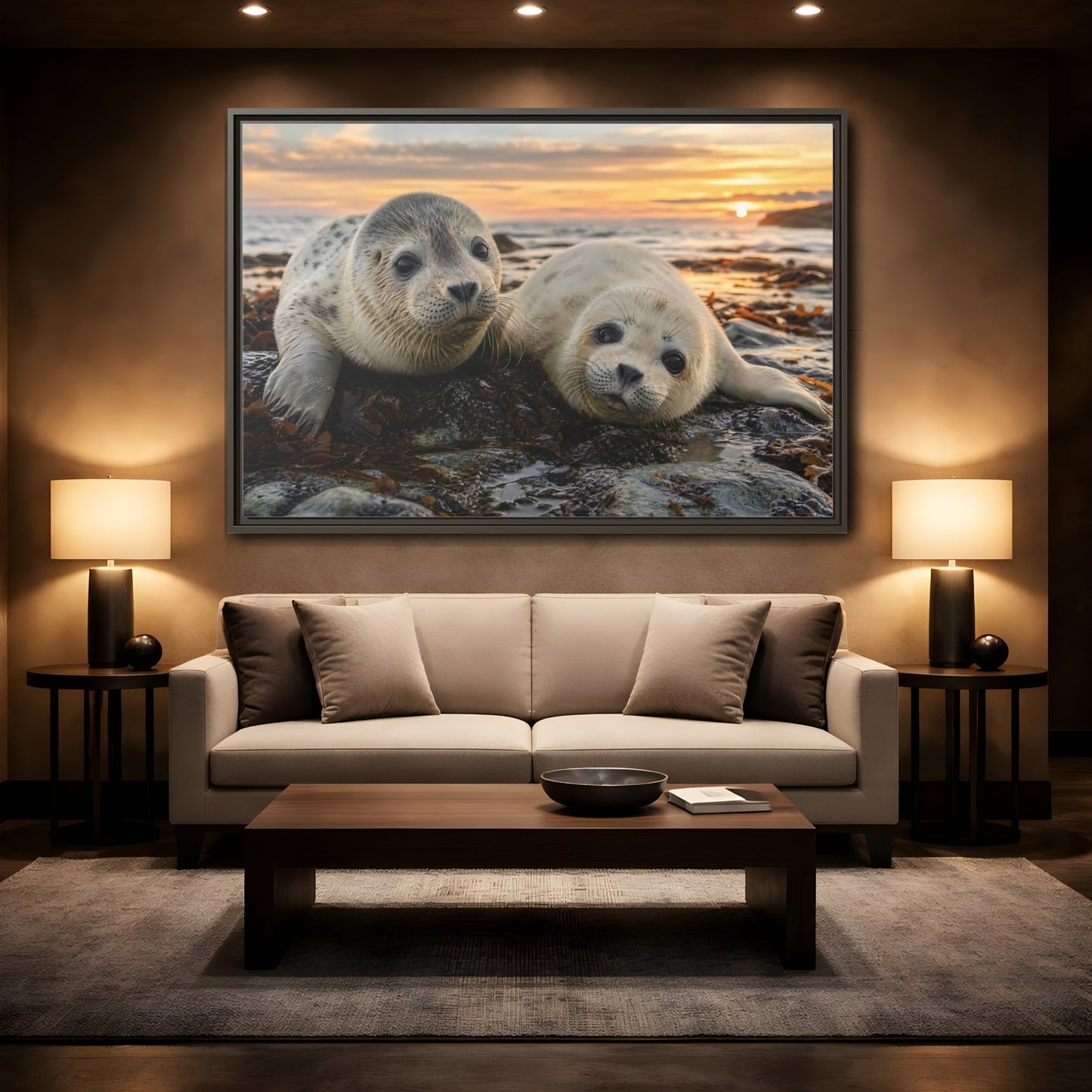 Mockup 2. Animals Baby Seals Baby Seals Sunset shown as stretched canvas wall art