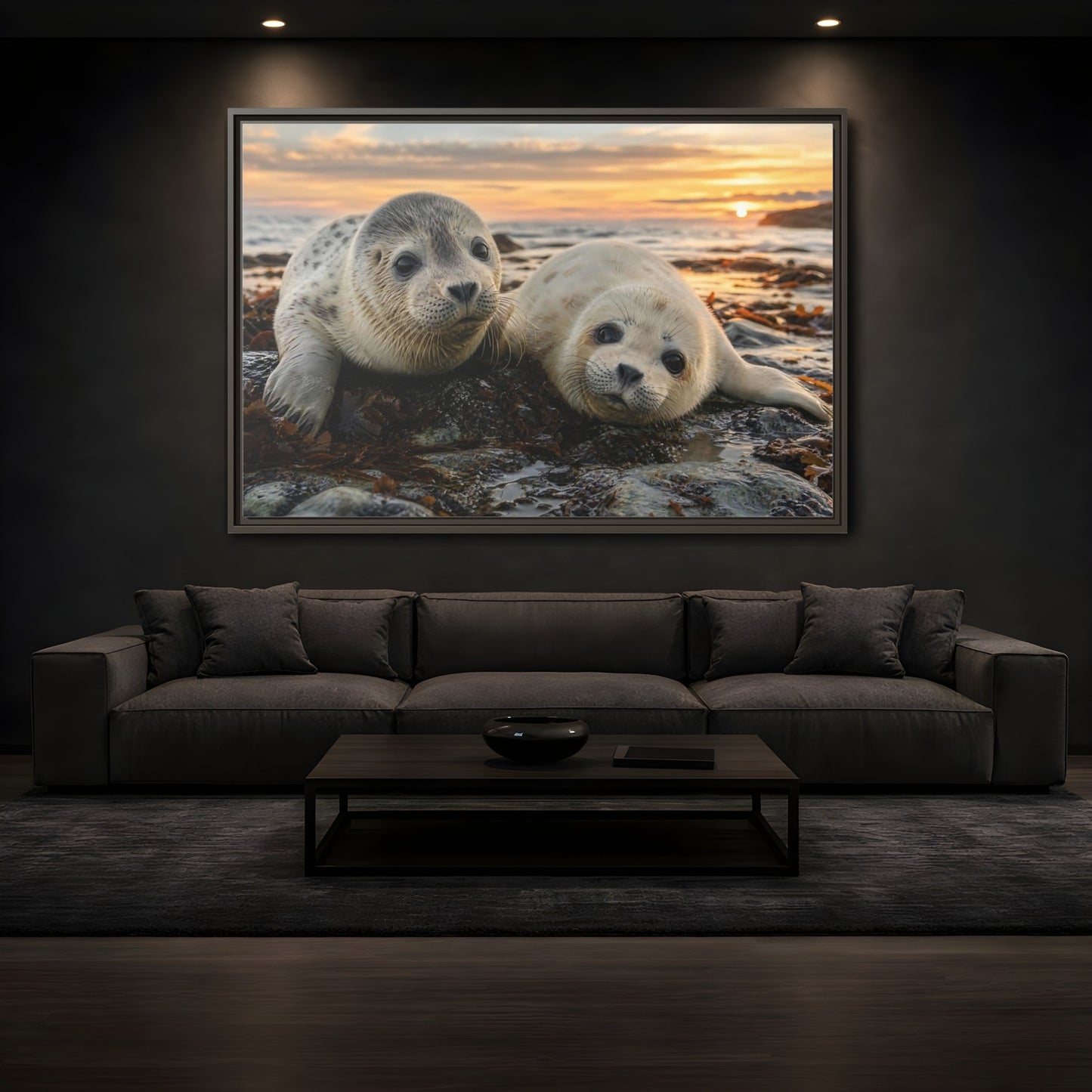 Mockup 3. Animals Baby Seals Baby Seals Sunset shown as stretched canvas wall art