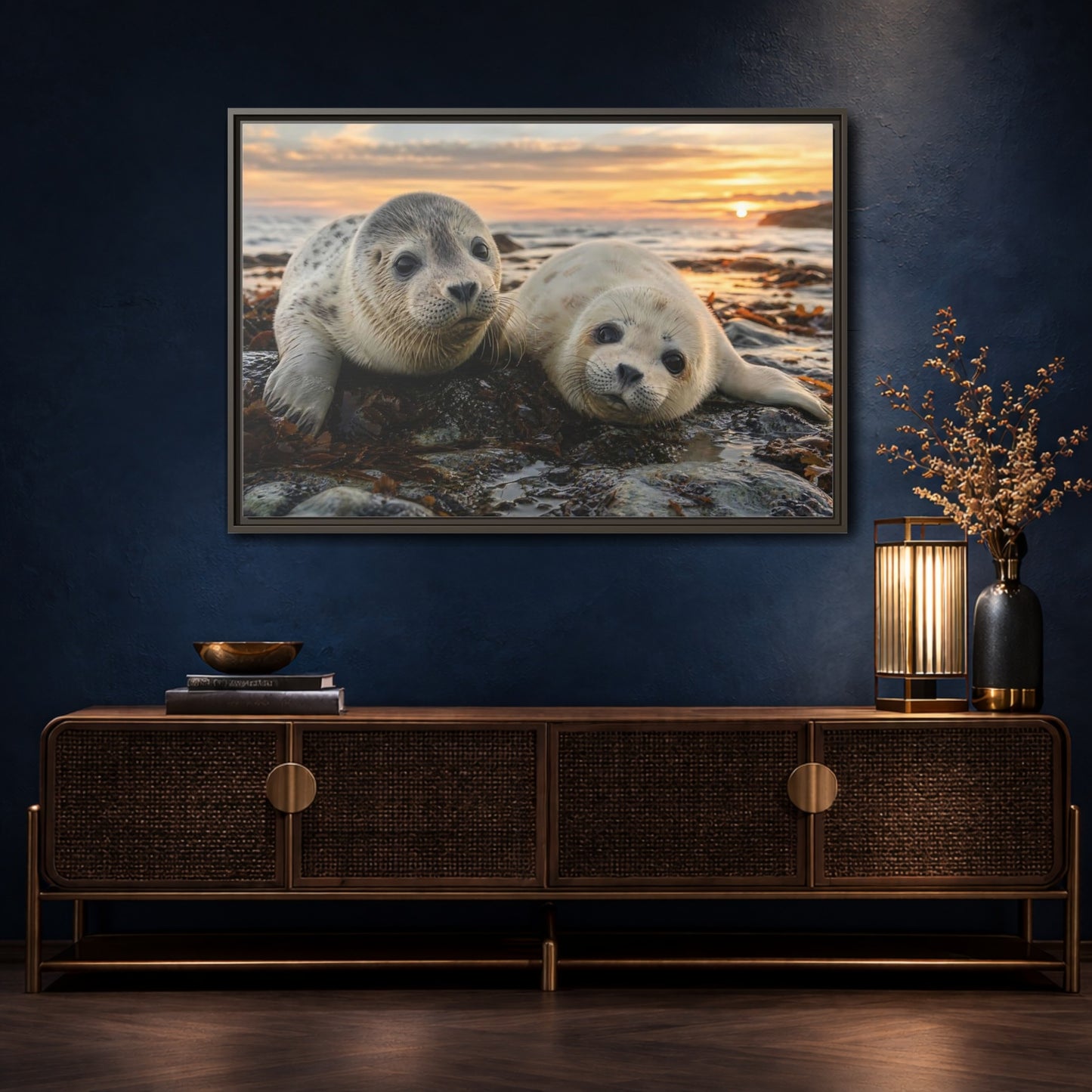 Mockup 4. Animals Baby Seals Baby Seals Sunset shown as stretched canvas wall art