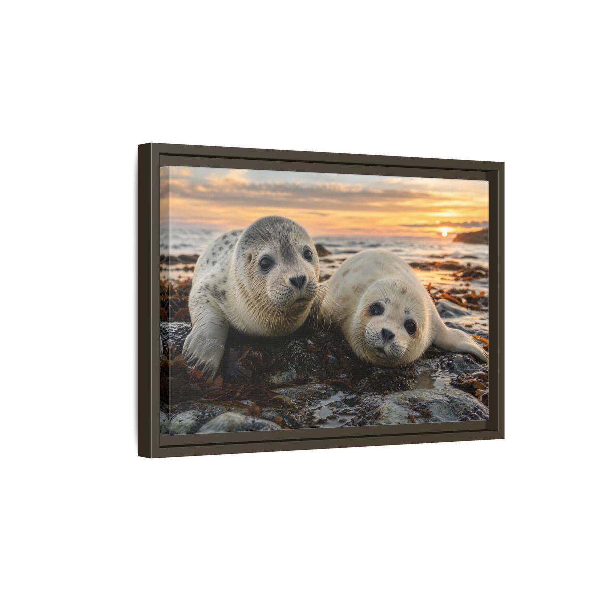 Side Mockup 5. Animals Baby Seals Baby Seals Sunset shown as stretched canvas wall art