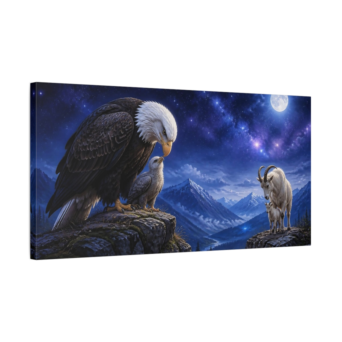 Side Mockup 1. Animals Bald Eagle And Mountain Goat shown as canvas print