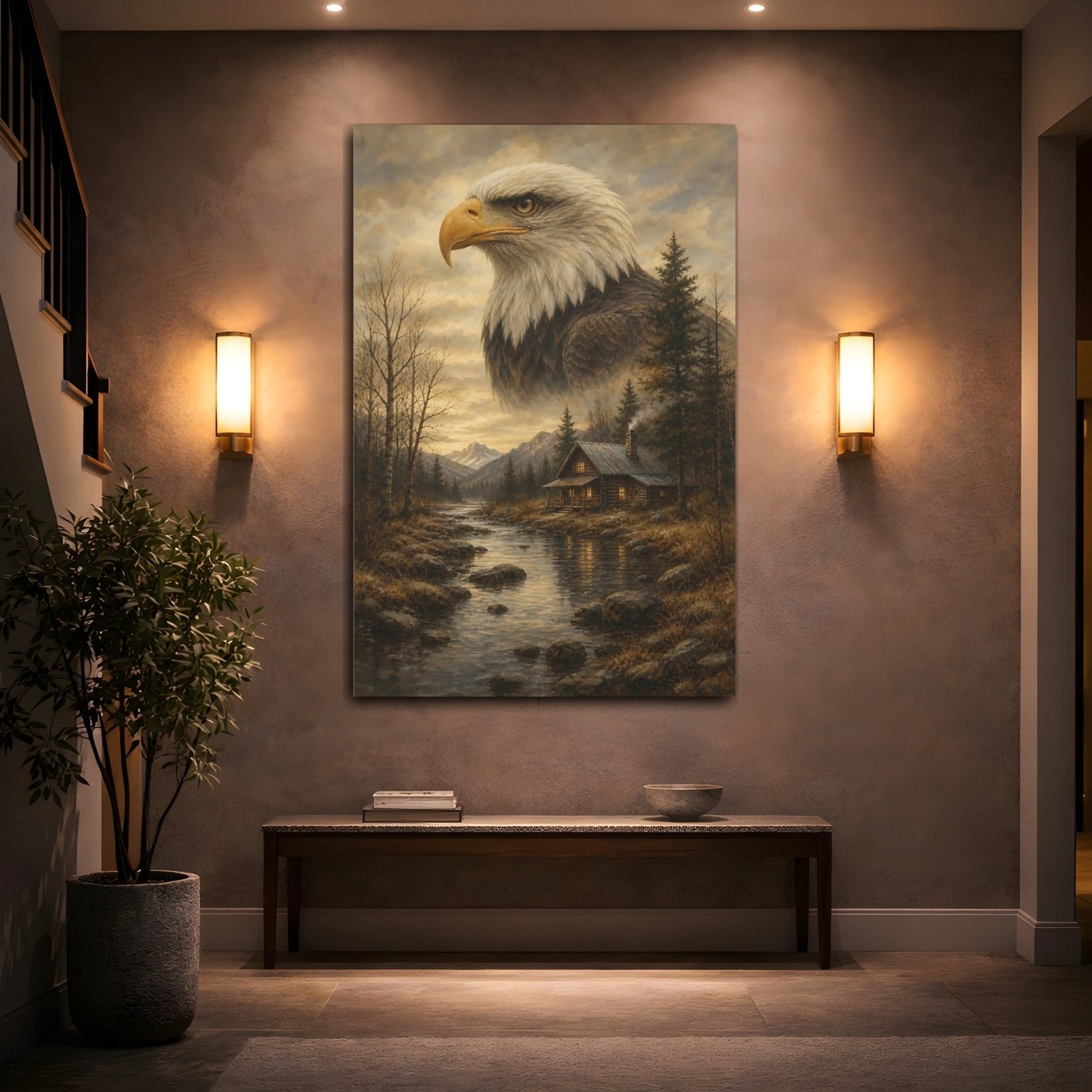 Animals Bald Eagle Brown And Gold Canvas Print – Realistic Living Room, Above Couch - YesArtYes