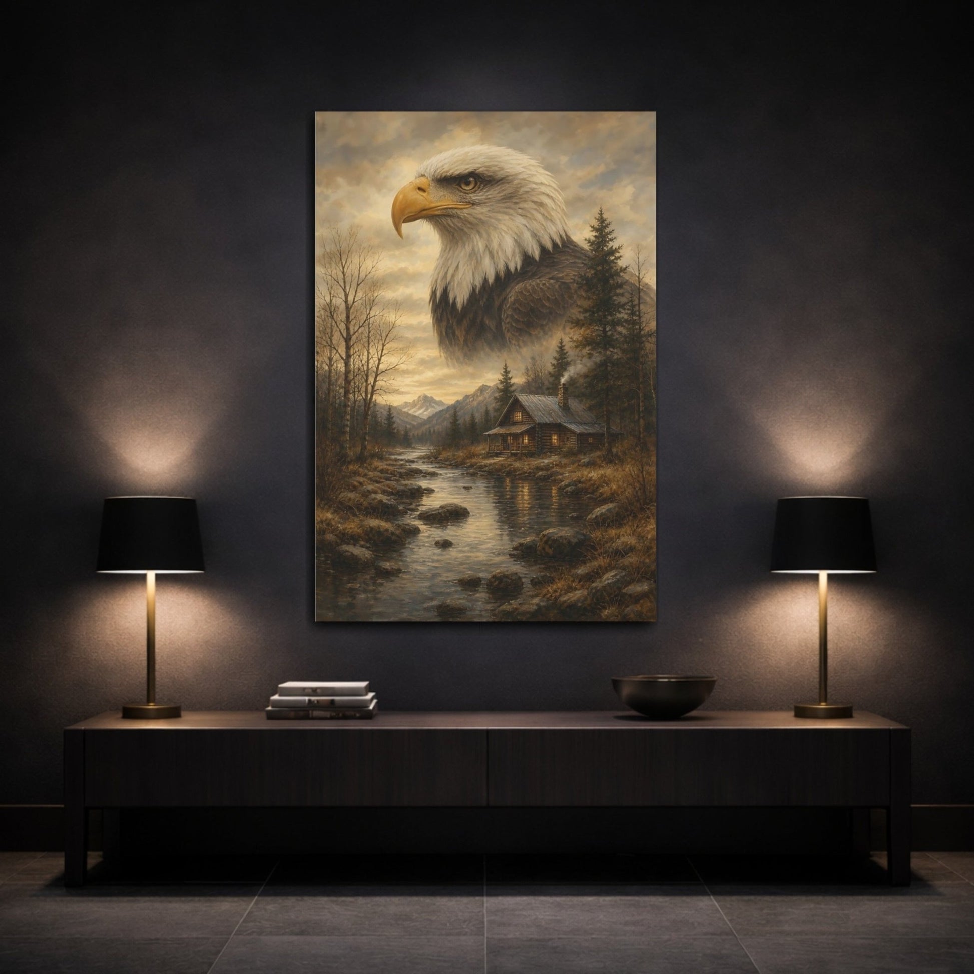 Animals Bald Eagle Brown And Gold Canvas Print – Realistic Living Room, Above Couch - YesArtYes