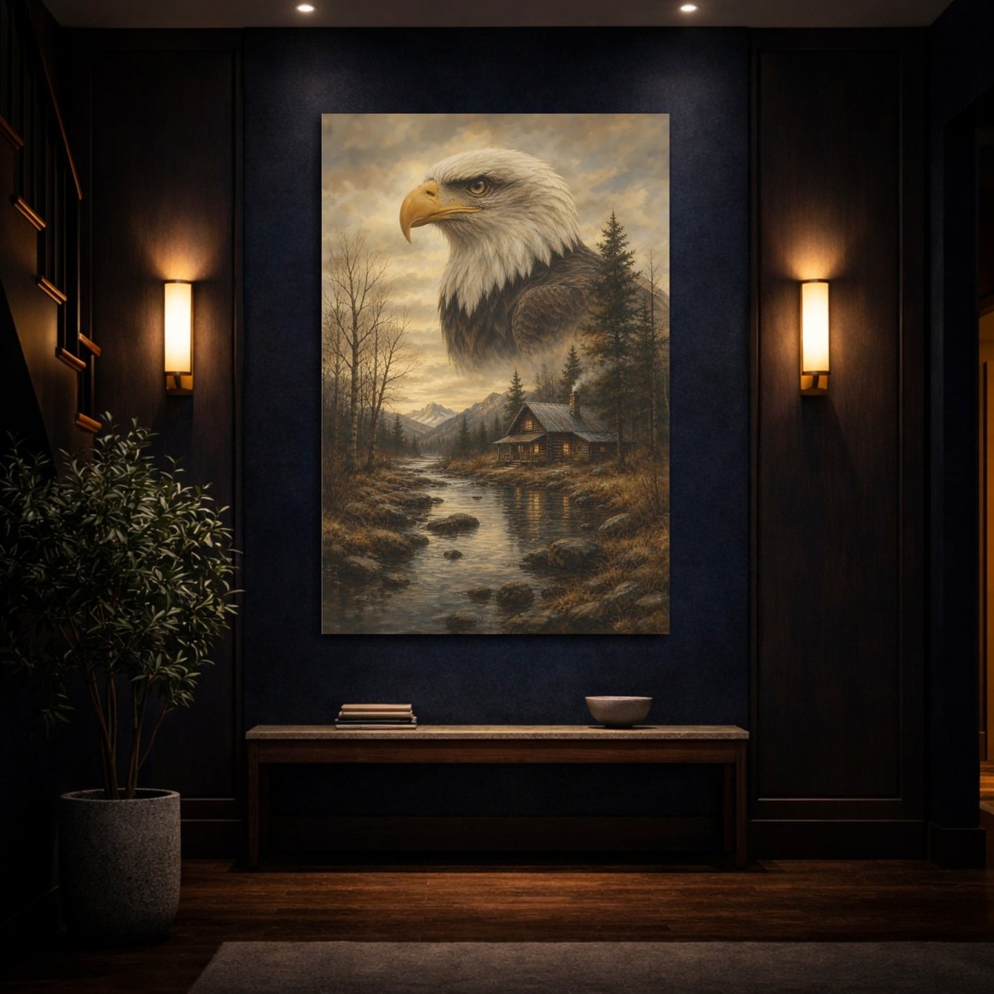 Animals Bald Eagle Brown And Gold Canvas Print – Realistic Living Room, Above Couch - YesArtYes