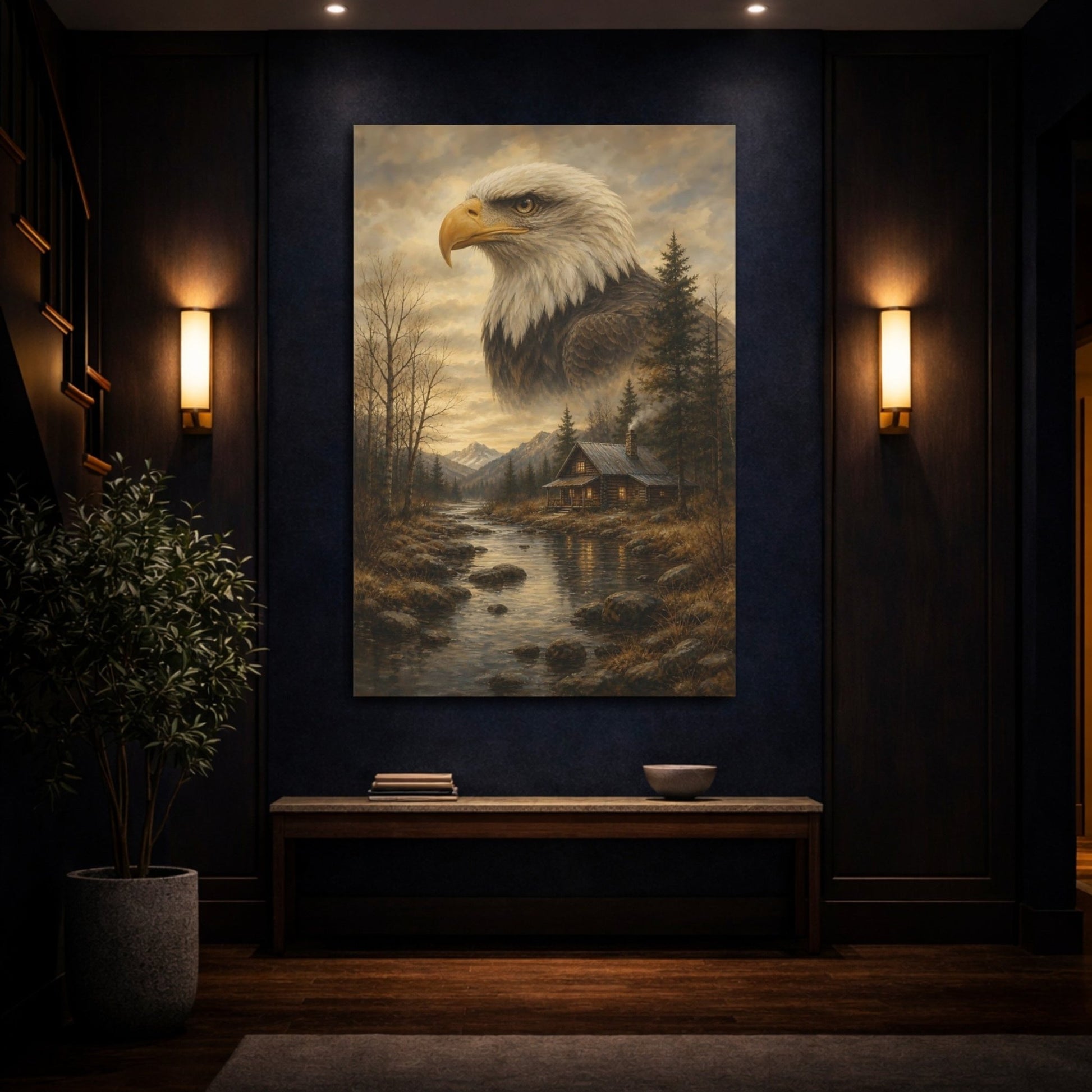 Animals Bald Eagle Brown And Gold Canvas Print – Realistic Living Room, Above Couch - YesArtYes