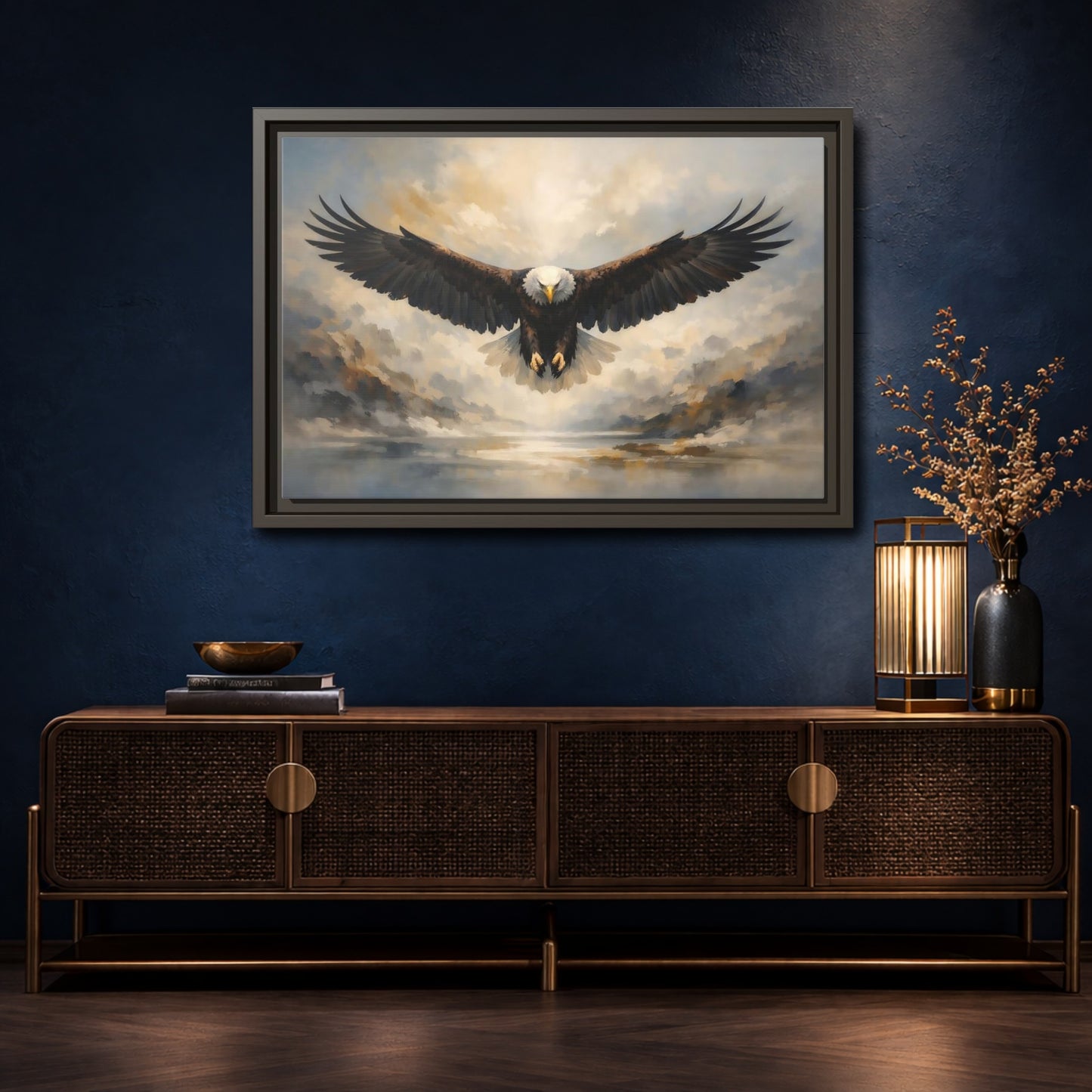 Mockup 4. Animals Bald Eagle Brown And Gray Eagle shown as stretched canvas wall art
