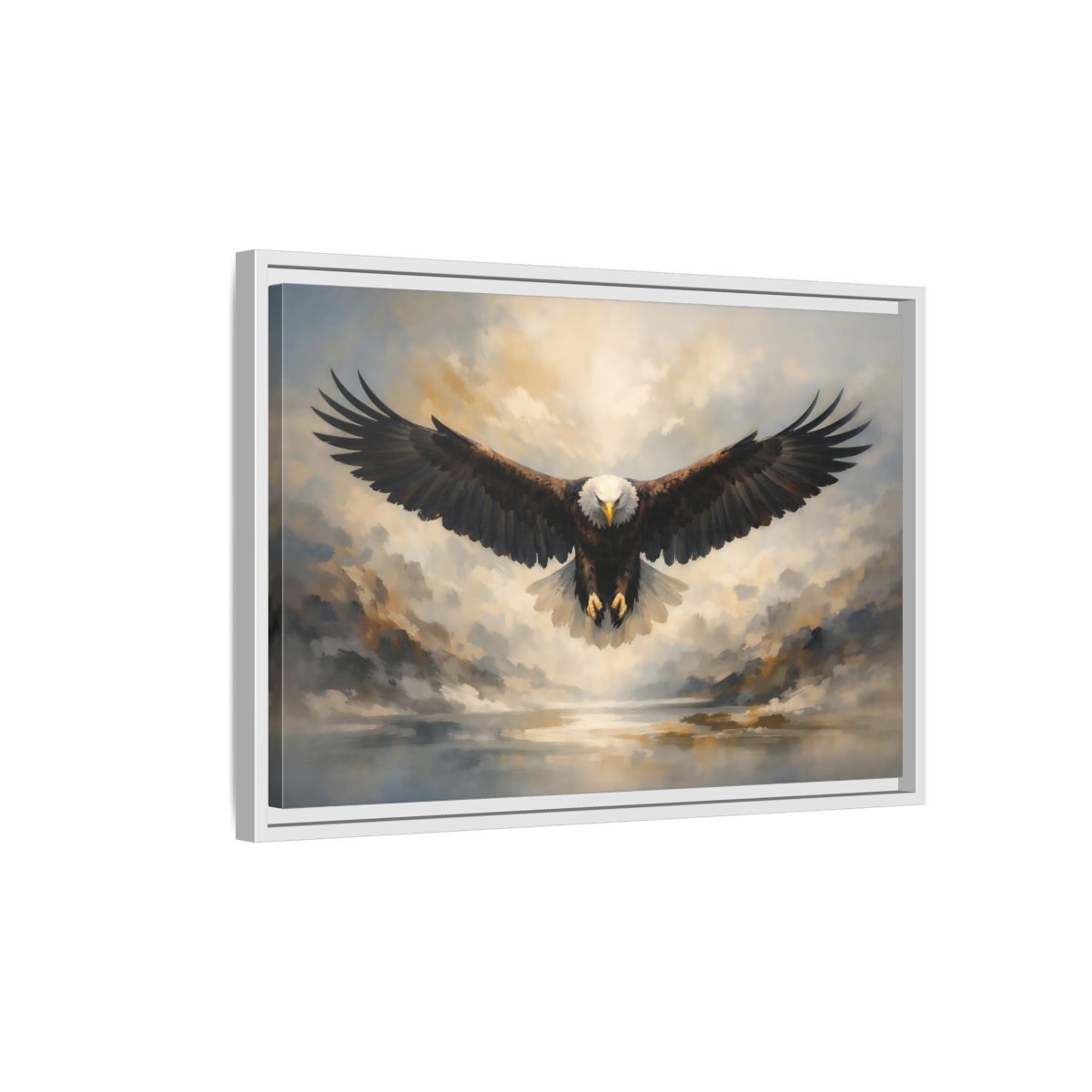 Side Mockup 1. Animals Bald Eagle Brown And Gray Eagle shown as stretched canvas wall art
