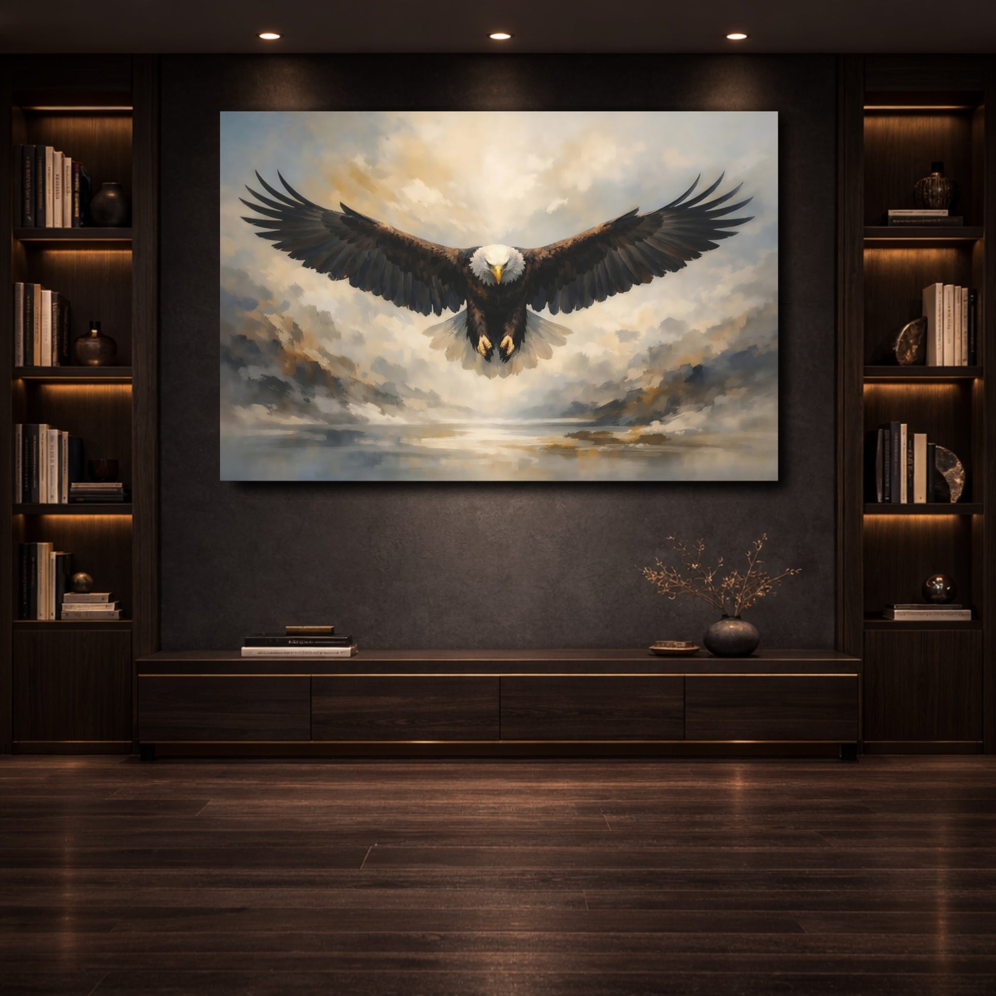 Mockup 3. Animals Bald Eagle Brown And Grey Eagle shown as stretched canvas wall art