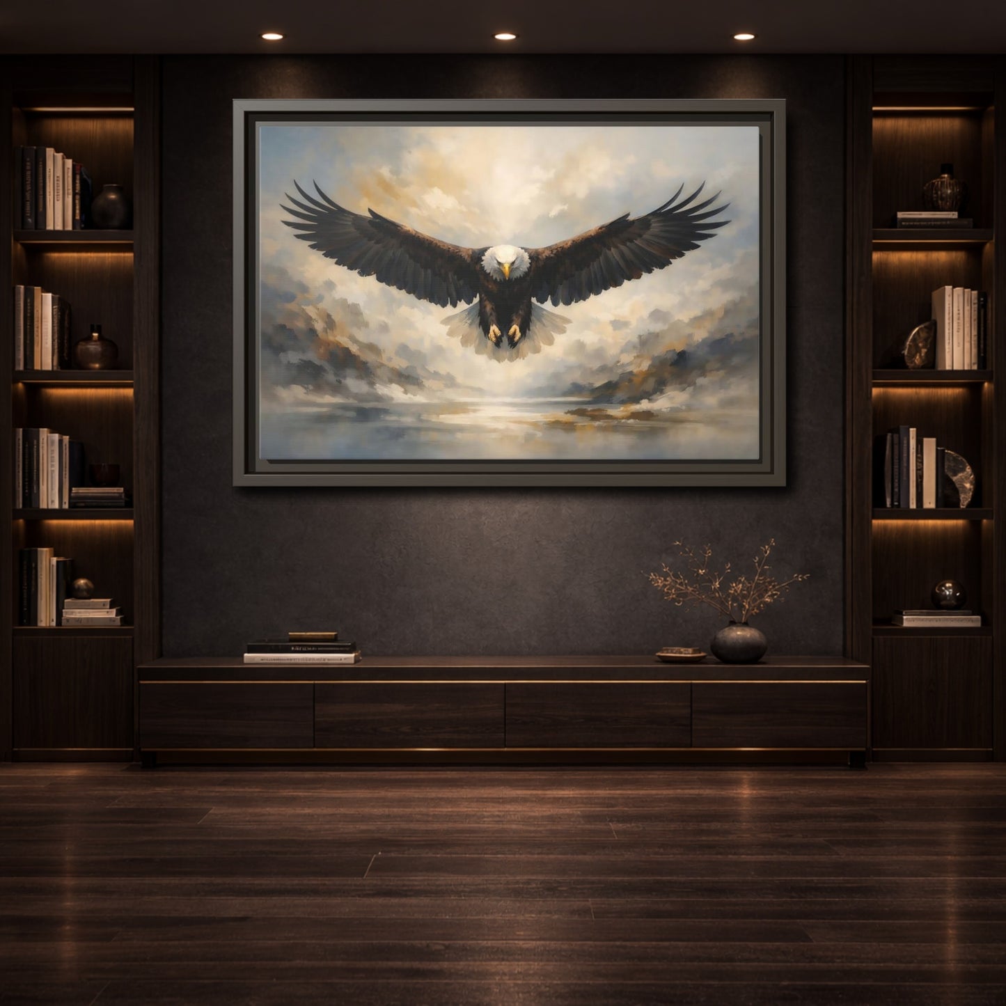 Mockup 3. Animals Bald Eagle Brown And Grey Eagle shown as stretched canvas wall art