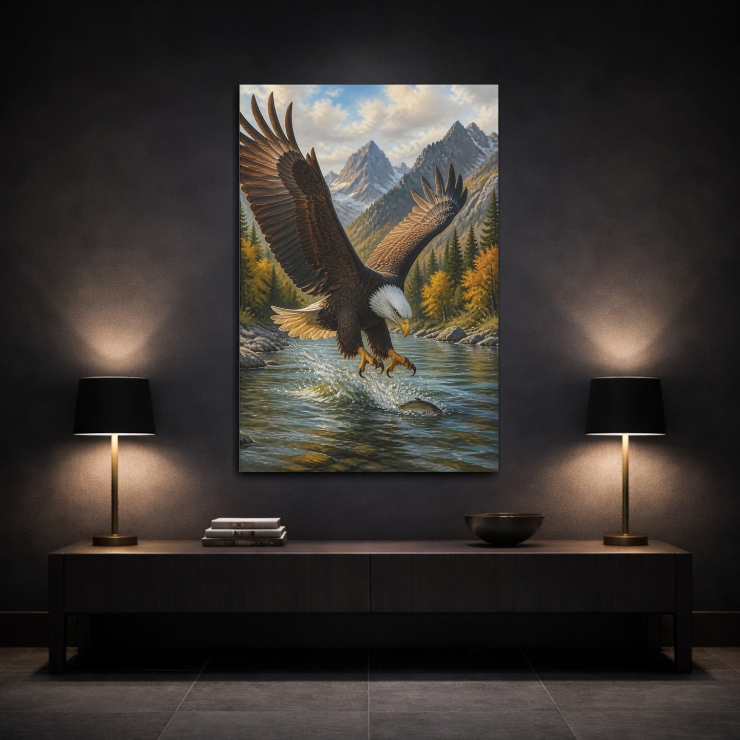 Mockup 3. Animals Bald Eagle Fishing Strike shown as canvas print
