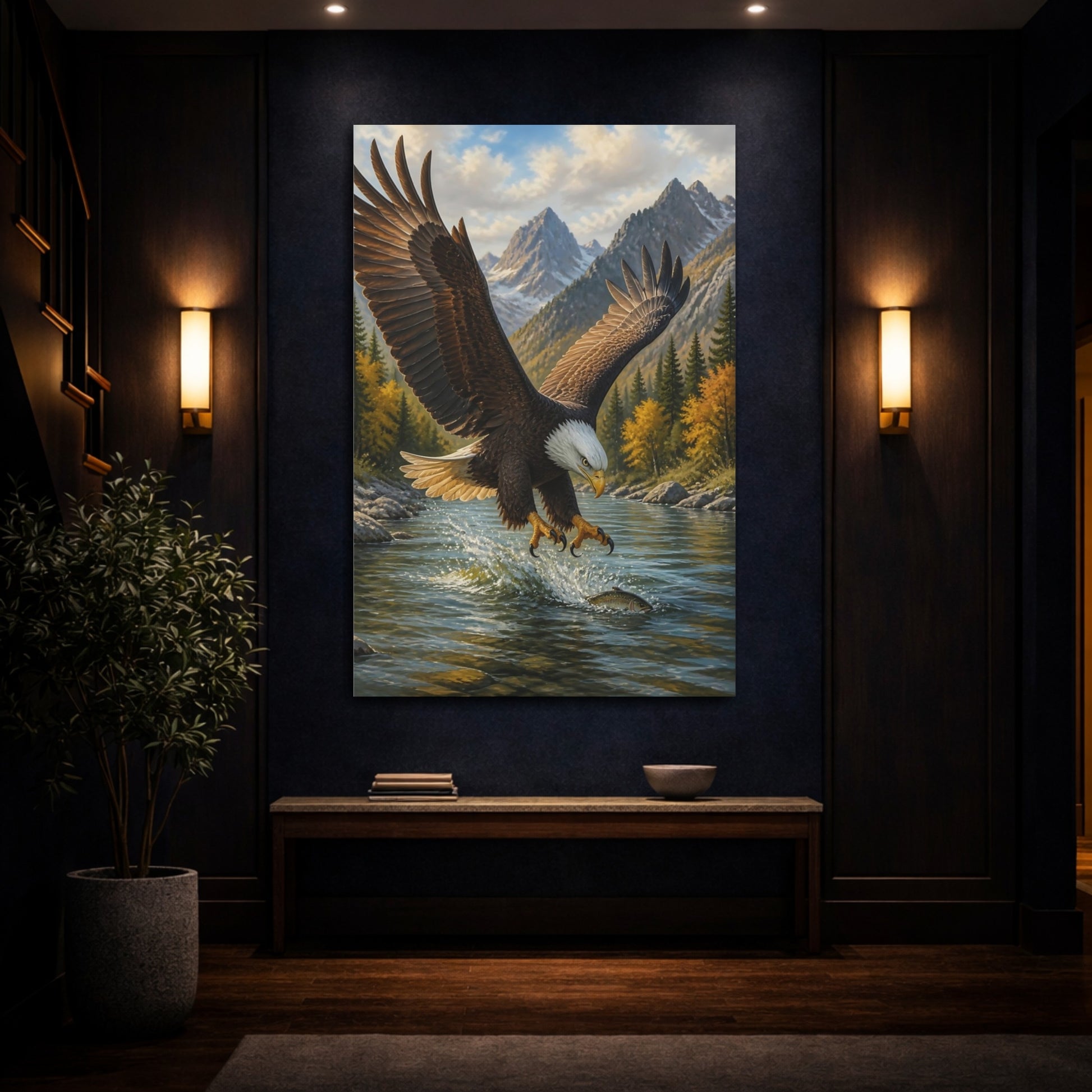 Mockup 4. Animals Bald Eagle Fishing Strike shown as canvas print