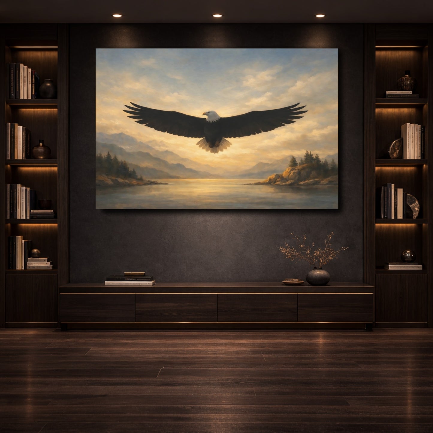 Mockup 3. Animals Bald Eagle Golden Eagle Sunset shown as stretched canvas wall art