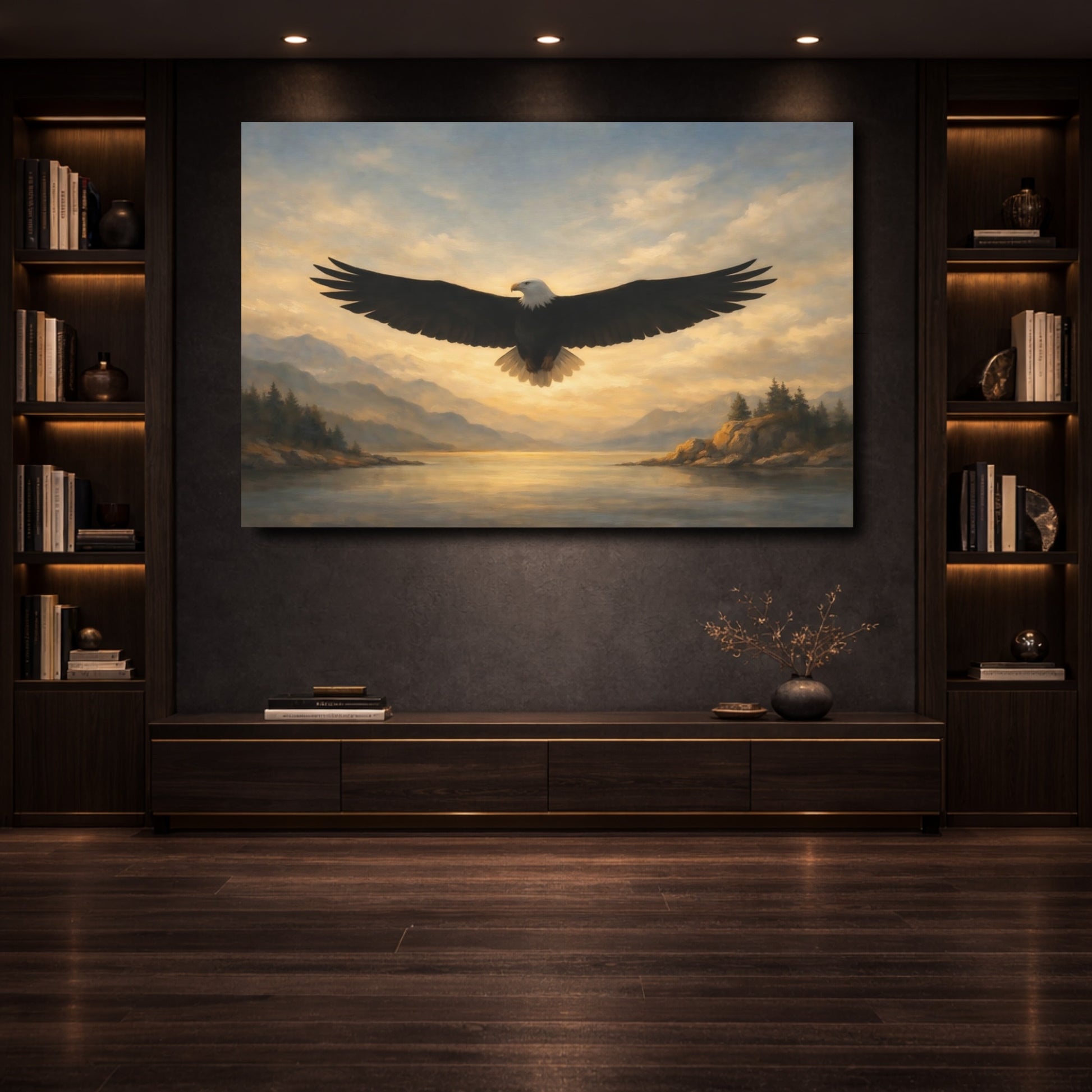 Mockup 3. Animals Bald Eagle Golden Eagle Sunset shown as stretched canvas wall art